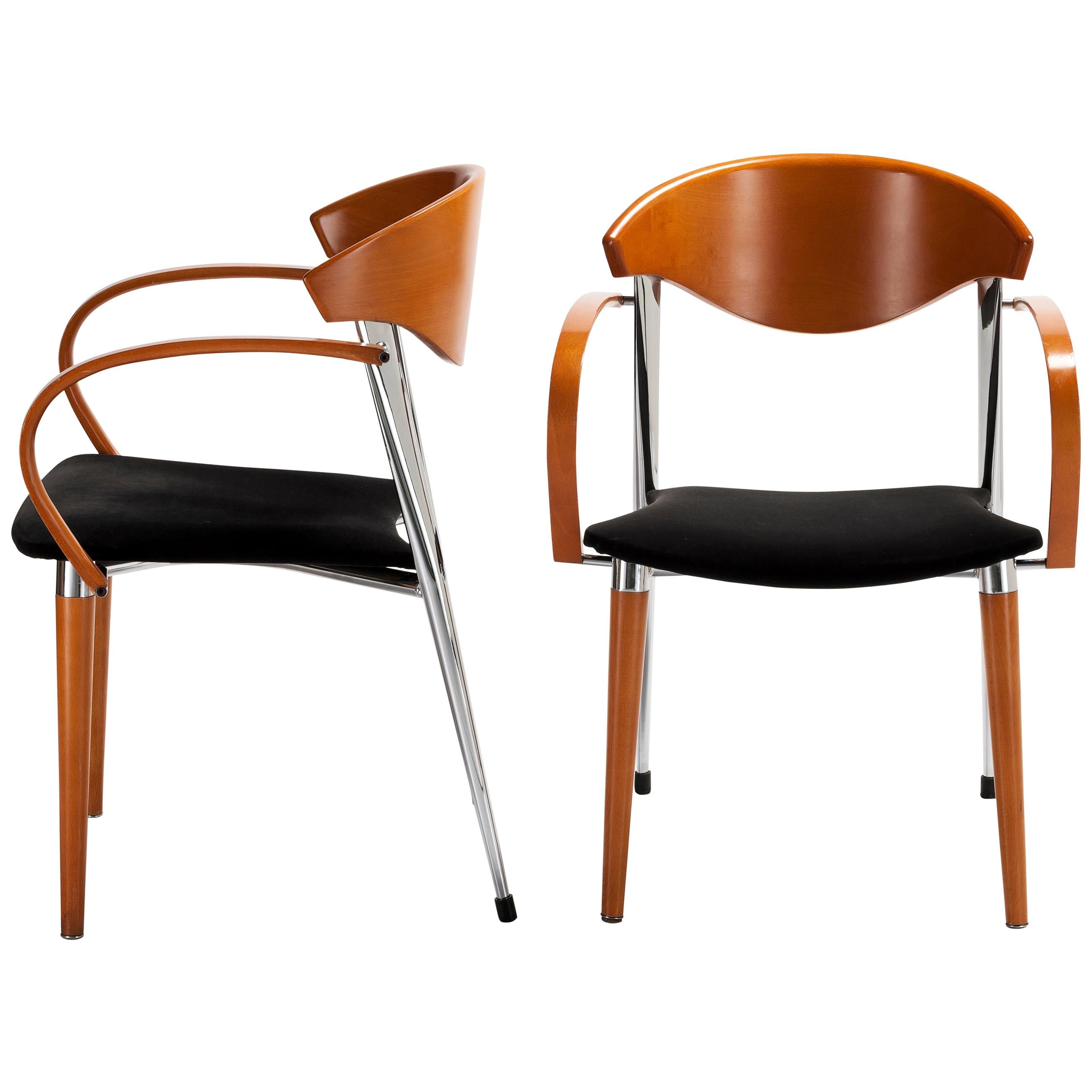 Paco Capdell, Pair of Side Chairs in Beech and Chrome, Late 1970s Design For Sale