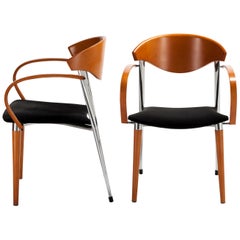 Paco Capdell, Pair of Side Chairs in Beech and Chrome, Late 1970s Design