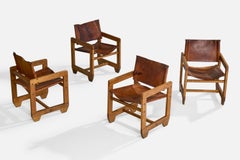 Paco Muñoz Attribution, Armchairs, Oak, Leather, Spain, 1960s