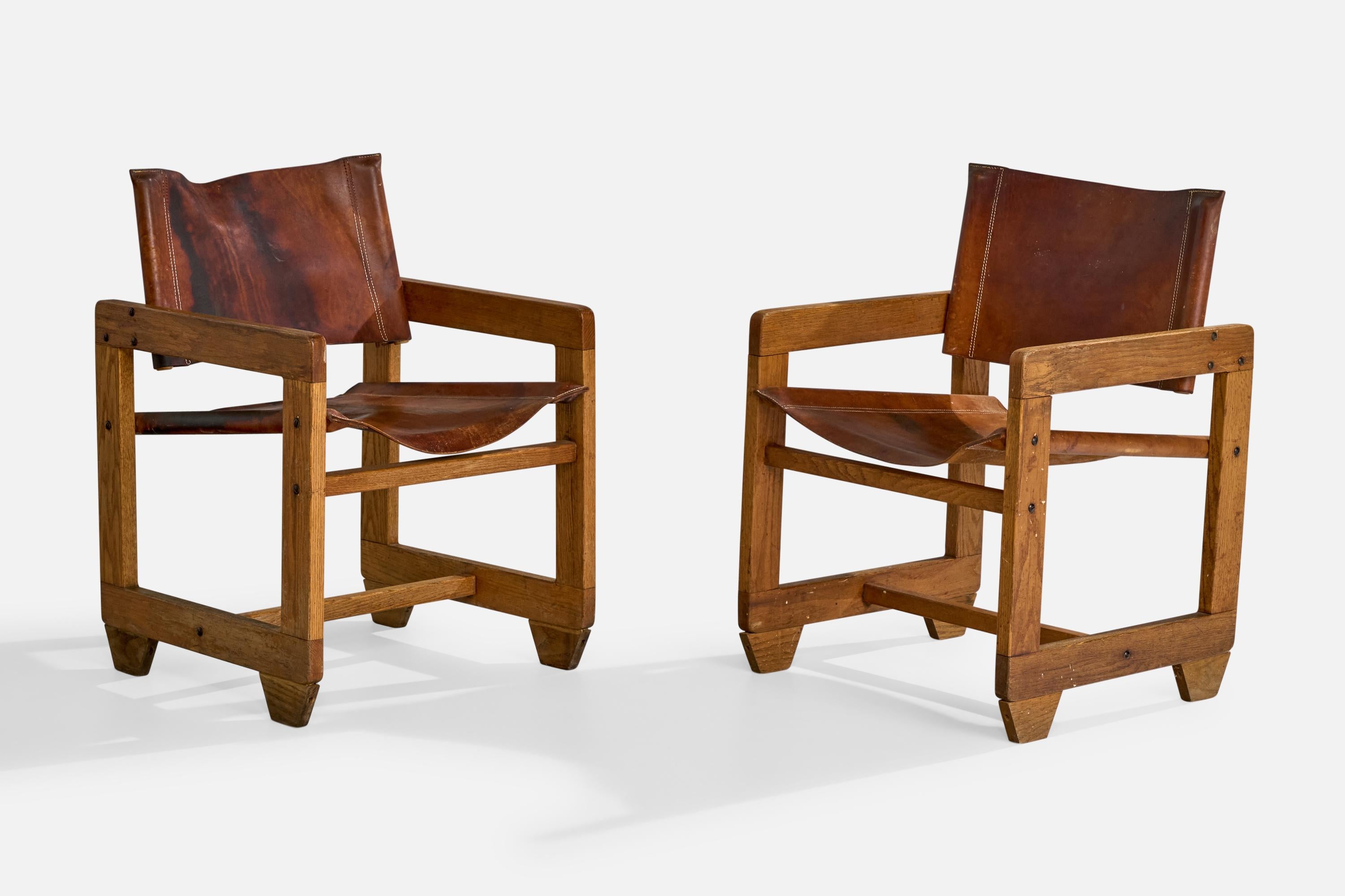 Paco Muñoz Attribution, Sessel, Eiche, Leder, Spanien, 1960er Jahre (Moderne der Mitte des Jahrhunderts) im Angebot