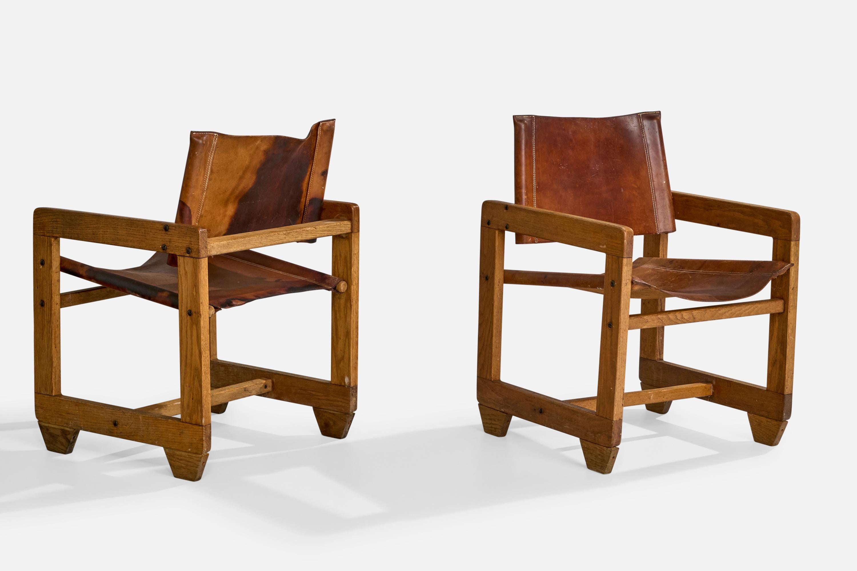 Paco Muñoz Attribution, Sessel, Eiche, Leder, Spanien, 1960er Jahre im Zustand „Gut“ im Angebot in High Point, NC