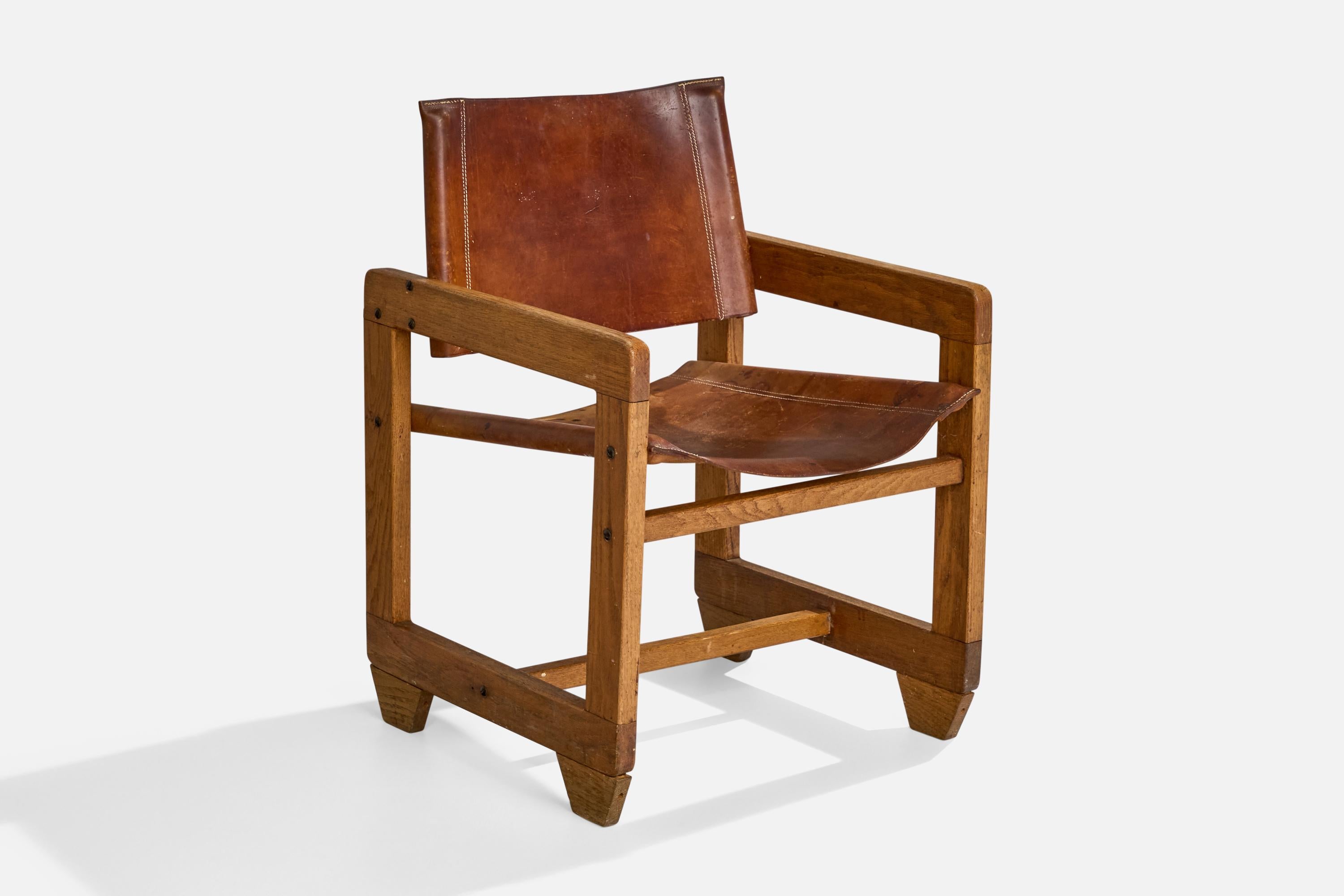Paco Muñoz Attribution, Sessel, Eiche, Leder, Spanien, 1960er Jahre (Mitte des 20. Jahrhunderts) im Angebot