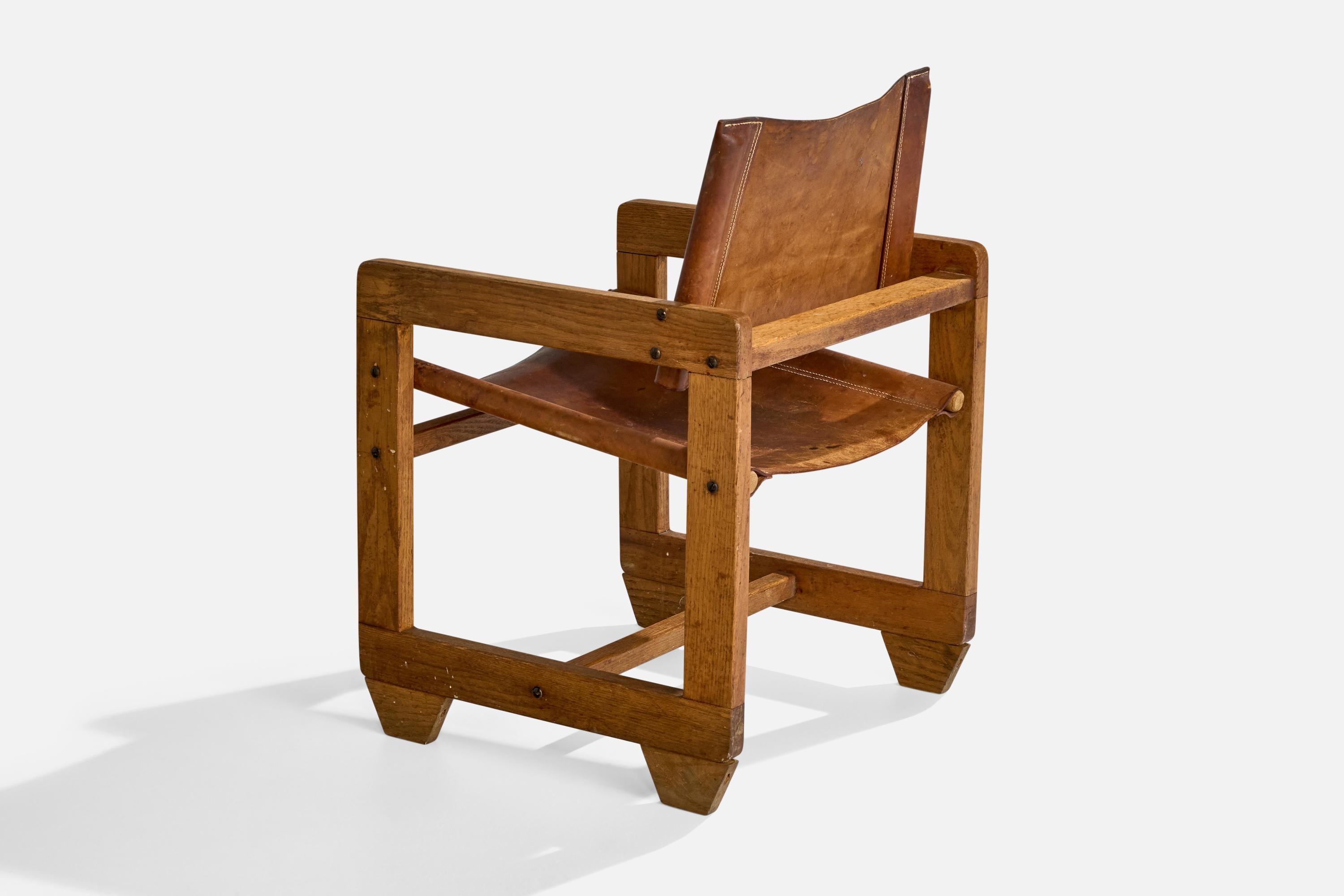 Paco Muñoz Attribution, Sessel, Eiche, Leder, Spanien, 1960er Jahre im Angebot 1
