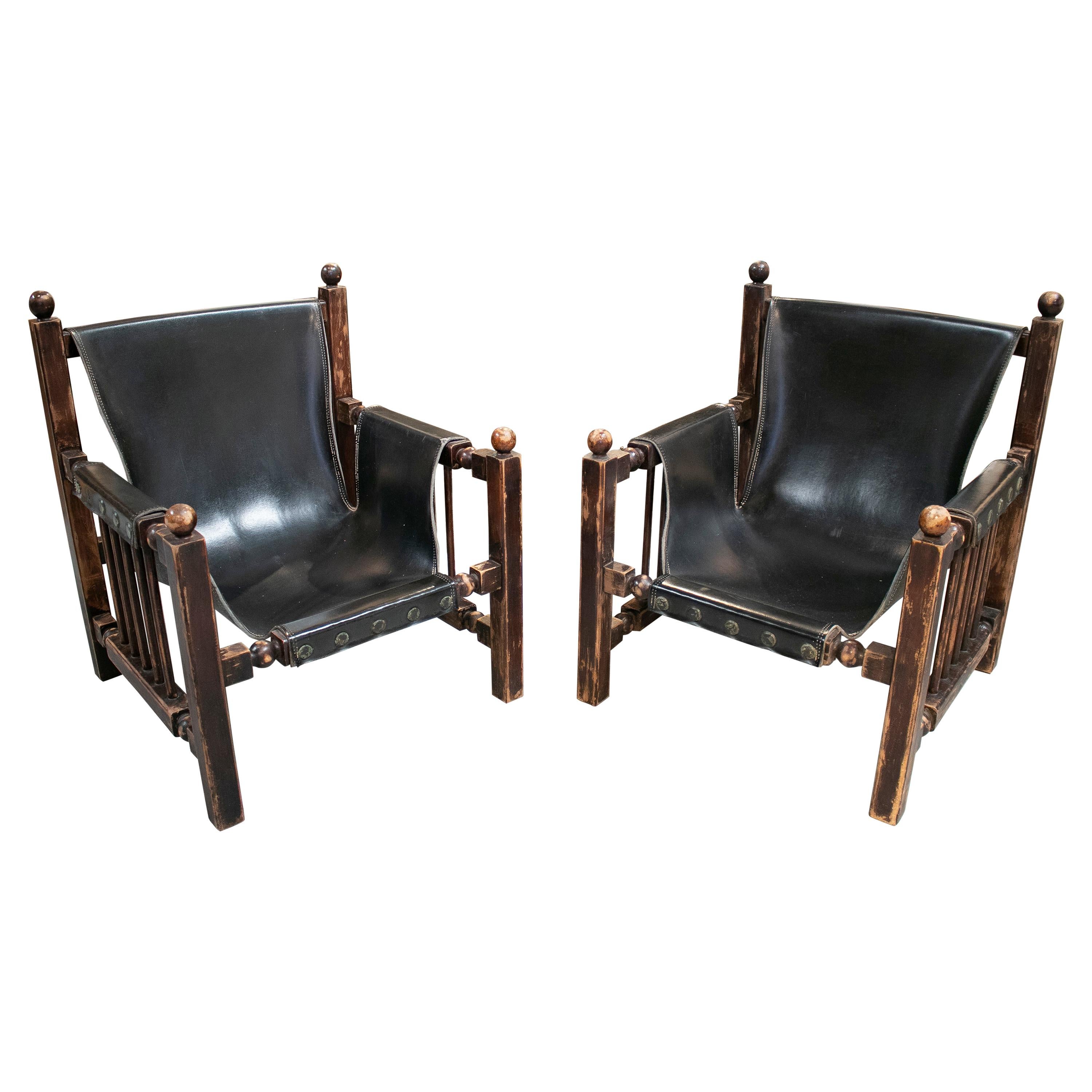 Paco Muñoz Designed Pair of Wood and Leather Armchairs