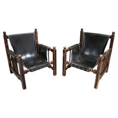 Used Paco Muñoz Designed Pair of Wood and Leather Armchairs