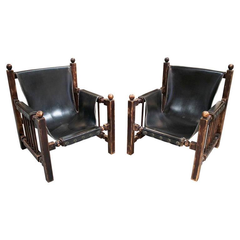 Paco Muñoz Designed Pair of Wood and Leather Armchairs For Sale
