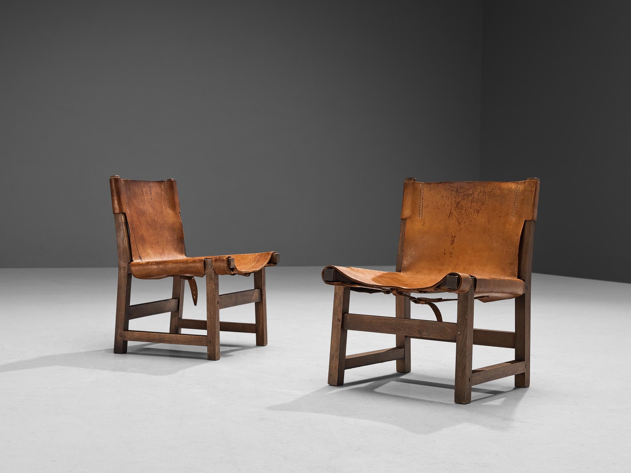 Paco Muñoz Pair of 'Riaza' Hunting Children's Chairs in Walnut and Leather In Good Condition For Sale In Waalwijk, NL
