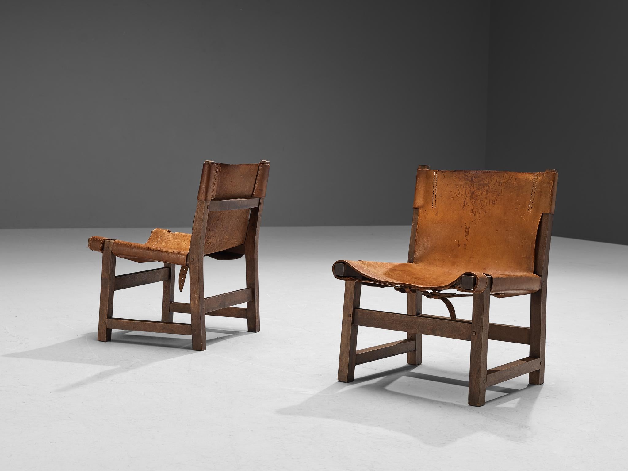Metal Paco Muñoz Pair of 'Riaza' Hunting Children's Chairs in Walnut and Leather For Sale