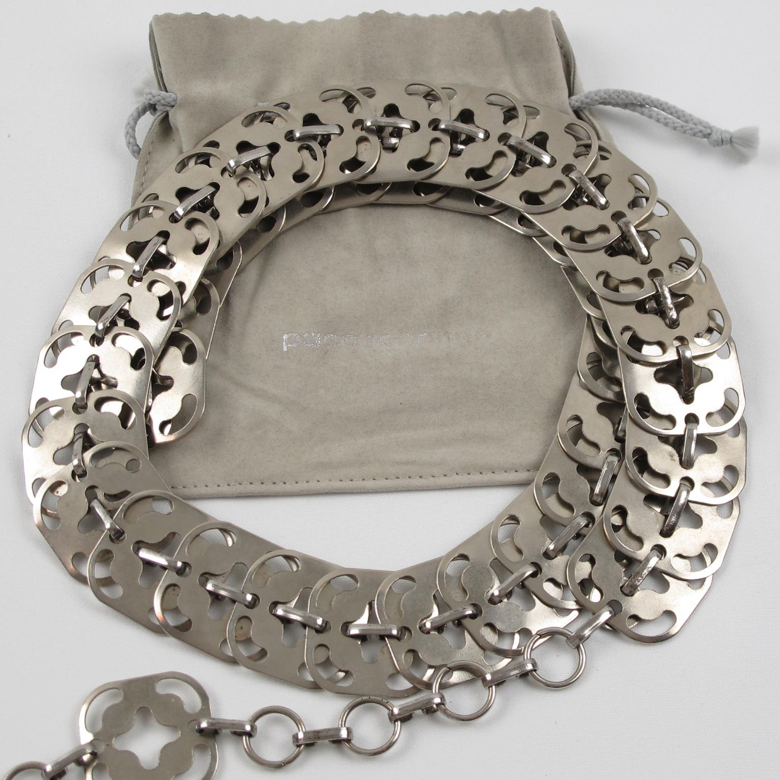 Stunning iconic metal chain mail square disk belt by French Designer Paco Rabanne, Paris. Original 1960s futuristic mixture of kinetic and metalwork, the belt features silver-tone sort of snake chain with a perforated design. One size fits all, with
