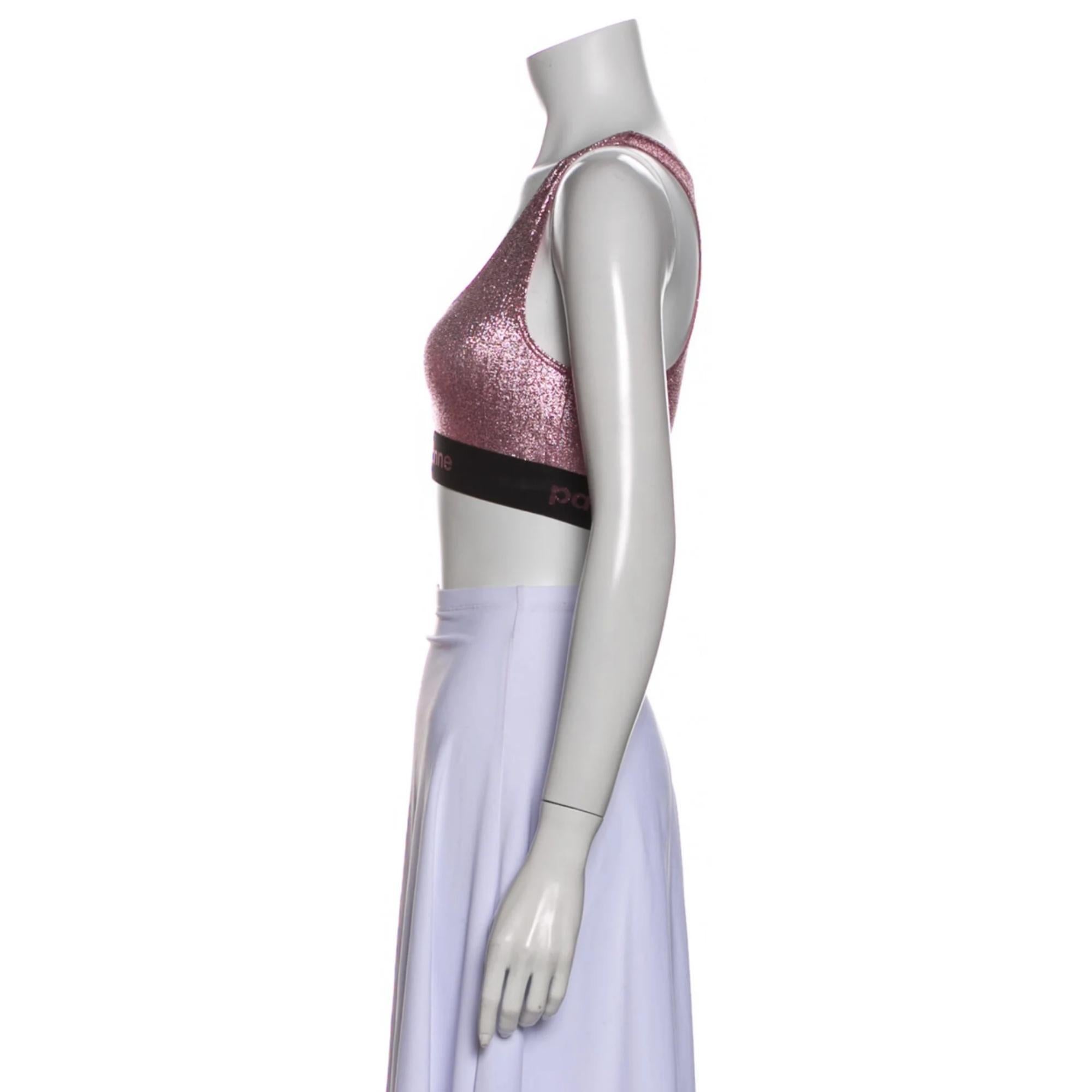 Paco Rabanne Stretch Lurex Jersey Crop Top. From the Summer 2020 Collection. Pink. Sleeveless with Square Neckline.

COLOR: Pink
MATERIAL: Not listed, feels like synthetic blend.

SIZE: Size not listed, estimated from measurements.
MEASURES~
Bust: