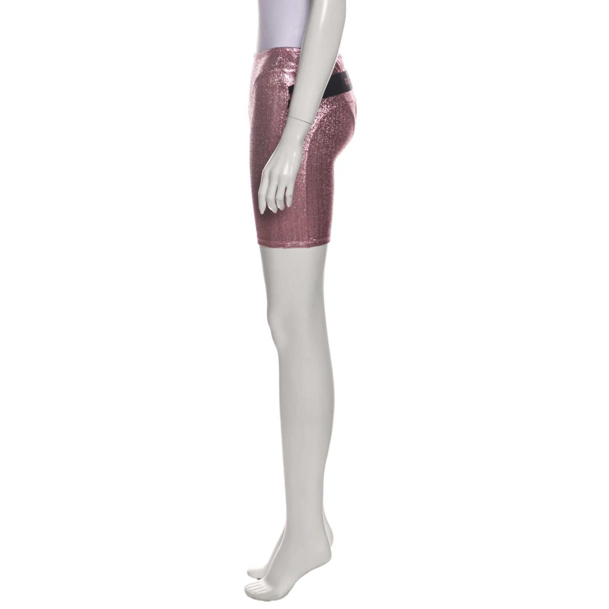 Paco Rabanne Stretch Lurex Jersey shorts. From the Summer 2020 Collection. Pink. Skin tight.

COLOR: Pink
MATERIAL: Not listed, feels like synthetic blend.

SIZE: Size not listed, estimated from measurements.
MEASURES~
Waist: X”
Rise: X”
Inseam: