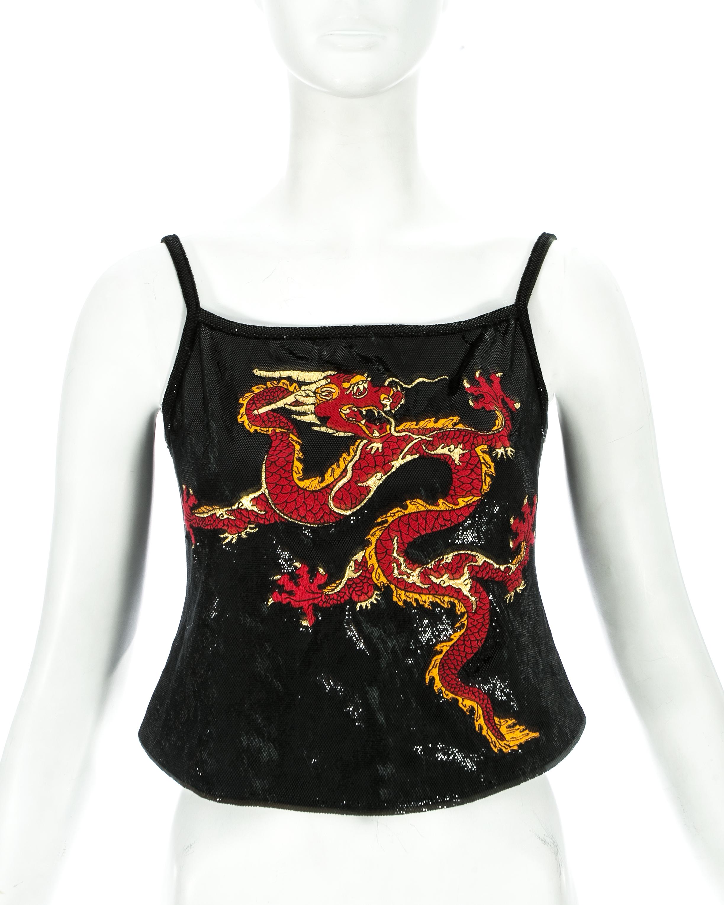 Black Paco Rabanne black cropped vest with embroidered dragon, fw 1997