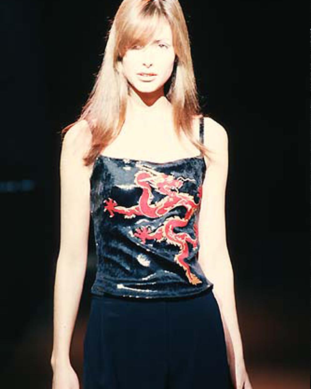 Women's Paco Rabanne black cropped vest with embroidered dragon, fw 1997