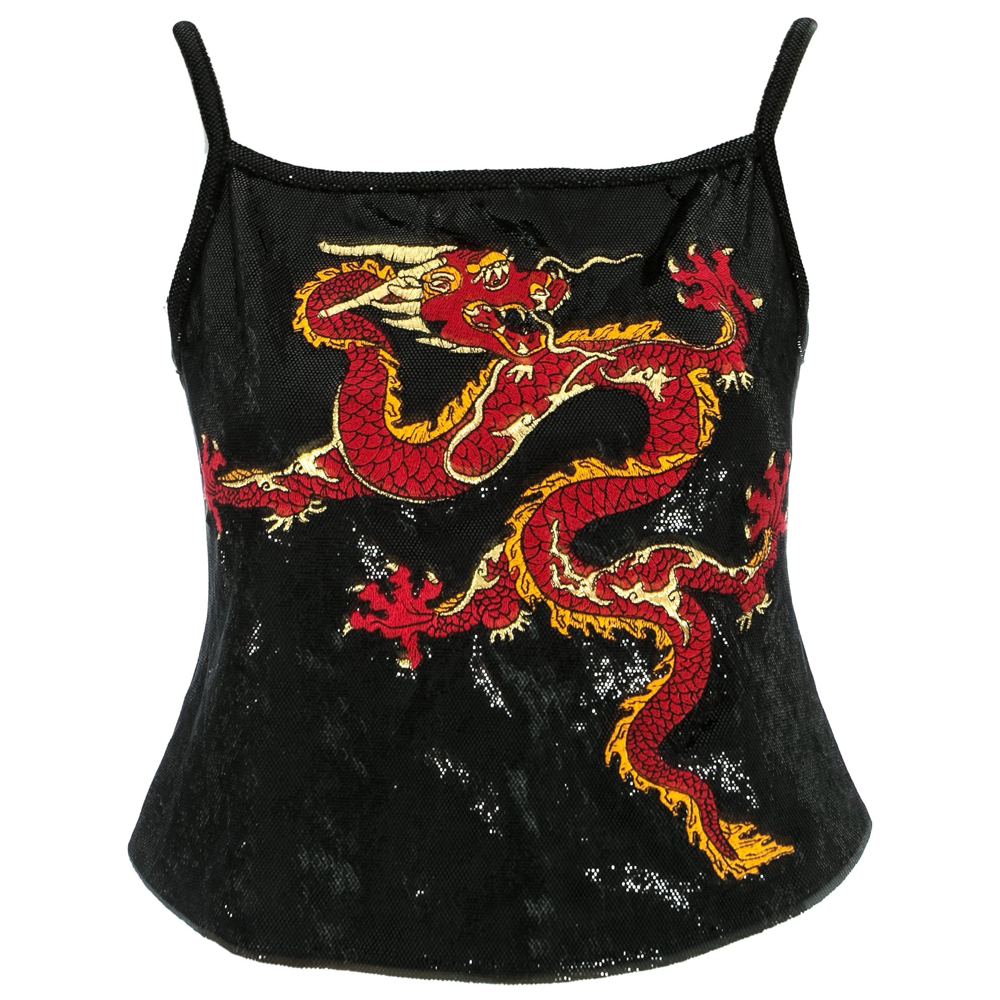 Paco Rabanne black cropped vest with embroidered dragon, fw 1997