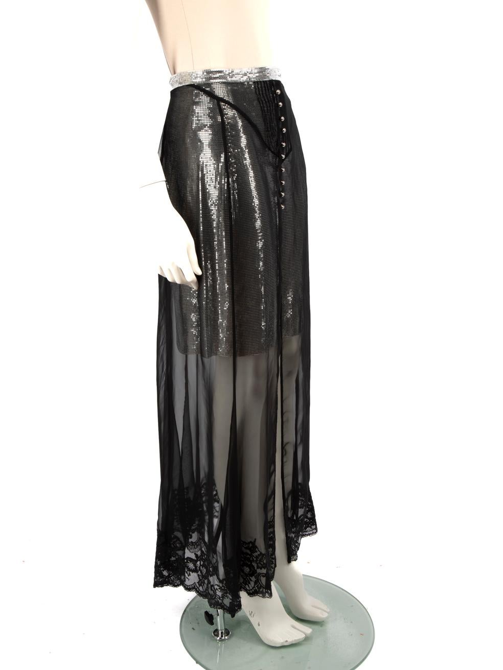 CONDITION is Very good. Hardly any visible wear to the skirt is evident on this used Paco Rabanne designer resale item.
  
  Details
  
  
  Model: Jupe 
  
  Black
  
  Polyester
  
  Skirt
  
  Maxi
  
  Metallic chainmail inner skirt
  
  Lace