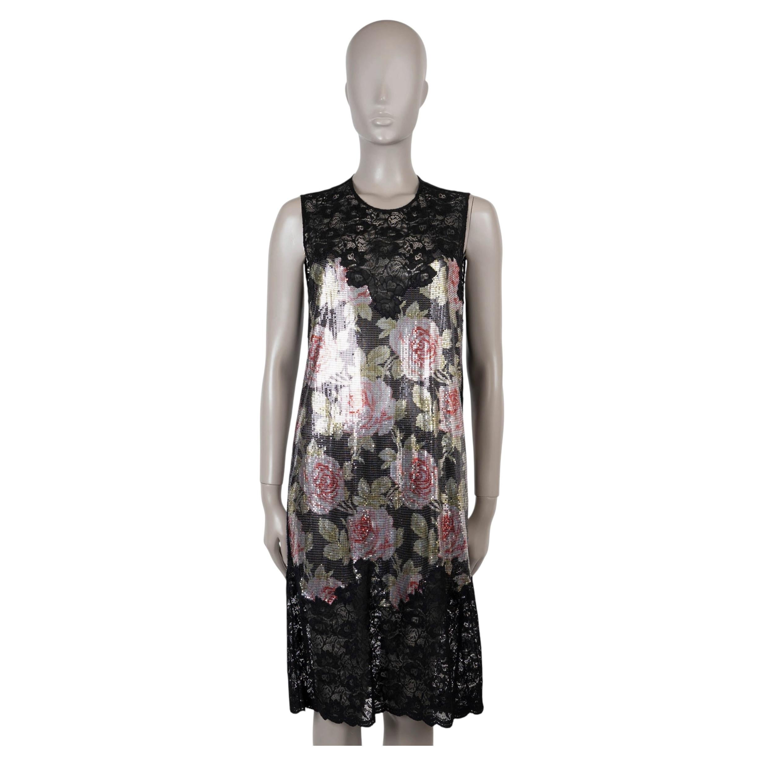 PACO RABANNE black pink 2019 ROSE & LACE CHAINMAIL MIDI Dress 38 S