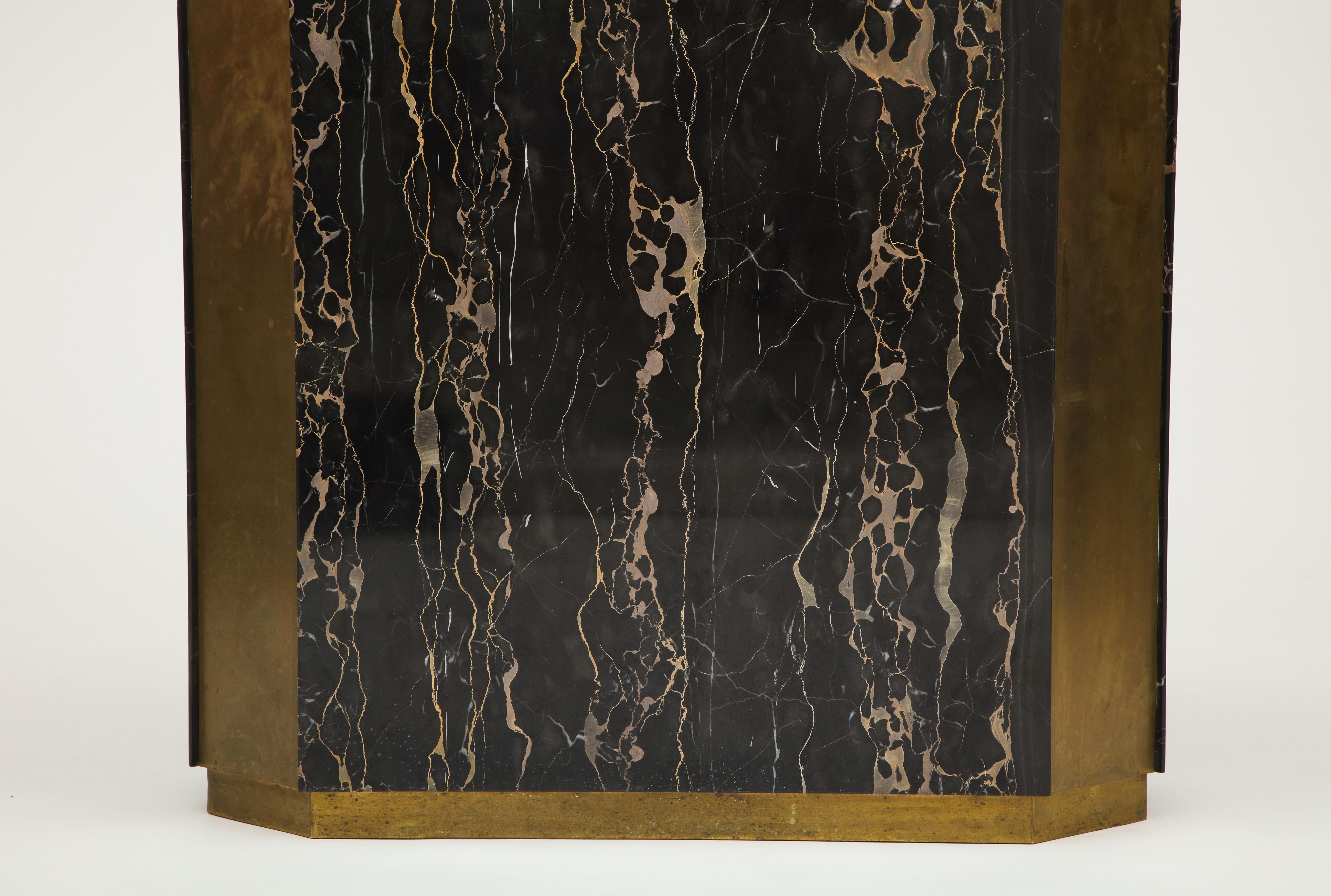 French Paco Rabanne Black Portoro Marble Dining Table Bronze Detail, France, 1980
