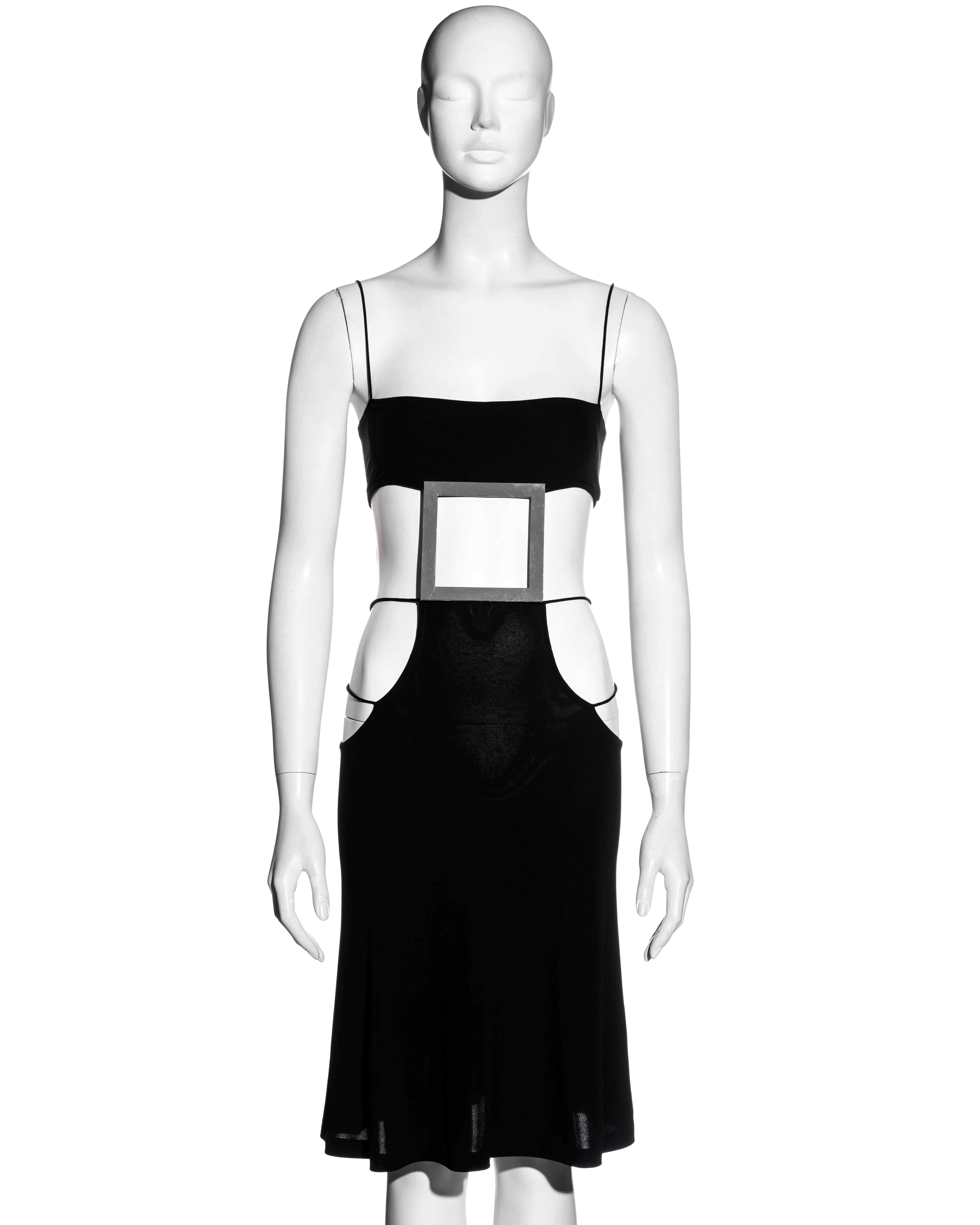 ▪ Paco Rabanne rare black rayon strappy evening dress 
▪ Square mirror plate with cut-out 
▪ Bra-top 
▪ Spaghetti straps at the waist, hips, and shoulders 
▪ Cut-out sides 
▪ Knee-length skirt 
▪ Size: XS 
▪ Spring-Summer 2004