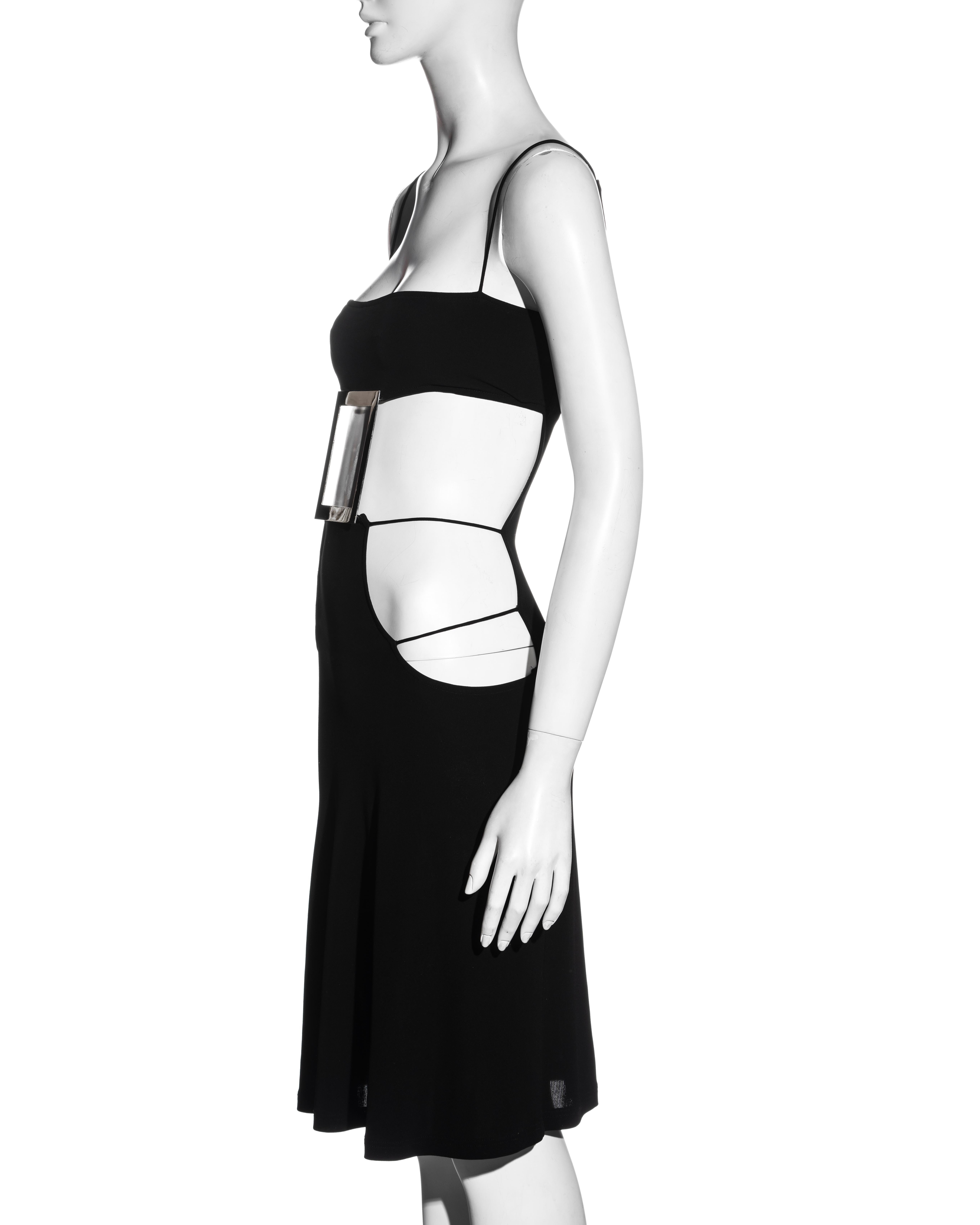Paco Rabanne black rayon strappy evening dress with square mirror plate, ss 2004 In Excellent Condition In London, GB