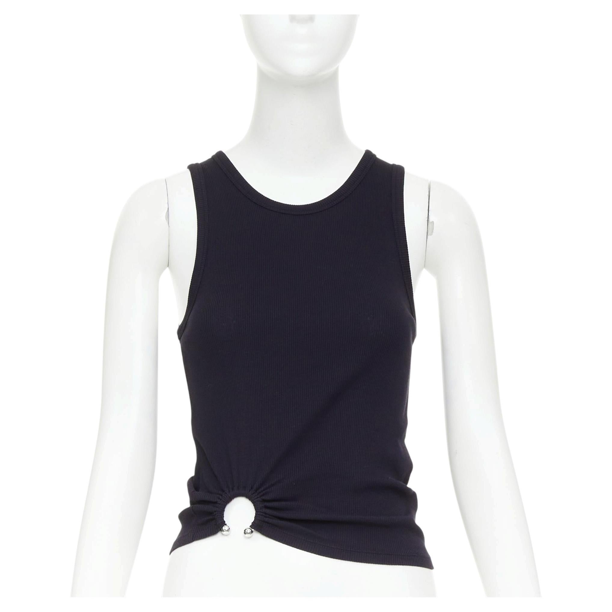 Paco Rabanne : débardeur noir argenté à volants et détails en forme d'anneaux, à nervures, taille IT38 XS