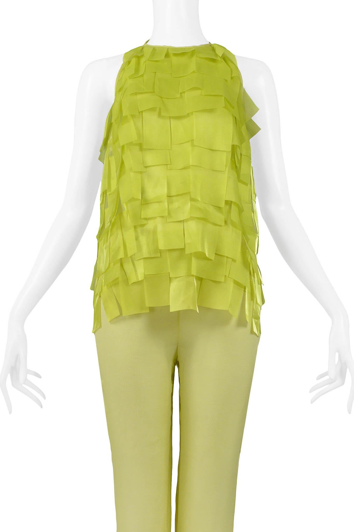 Paco Rabanne Chartreuse Green Textured Top & Bell Bottom Pants 2001 In Excellent Condition In Los Angeles, CA