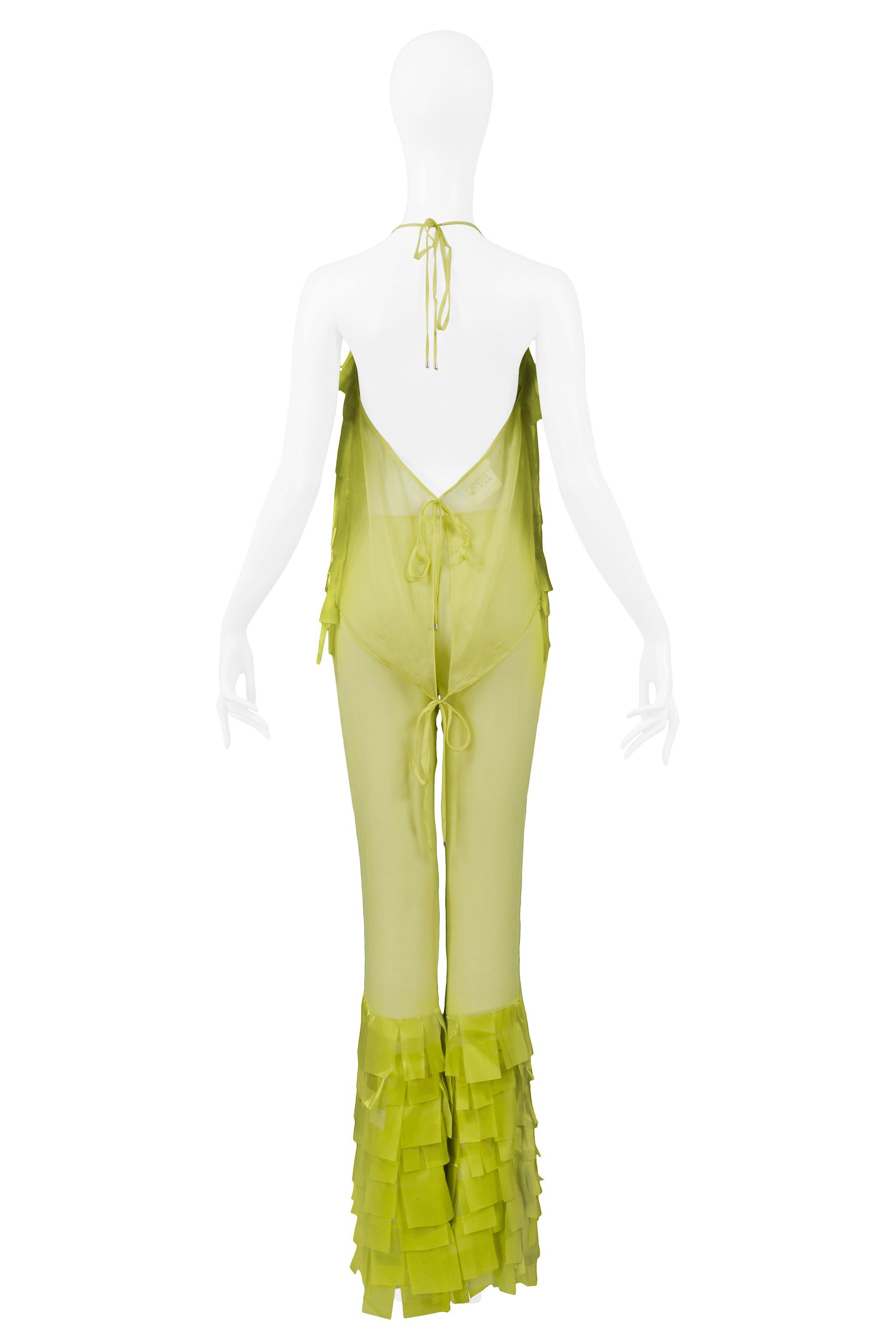 Paco Rabanne Chartreuse Green Textured Top & Bell Bottom Pants 2001 1