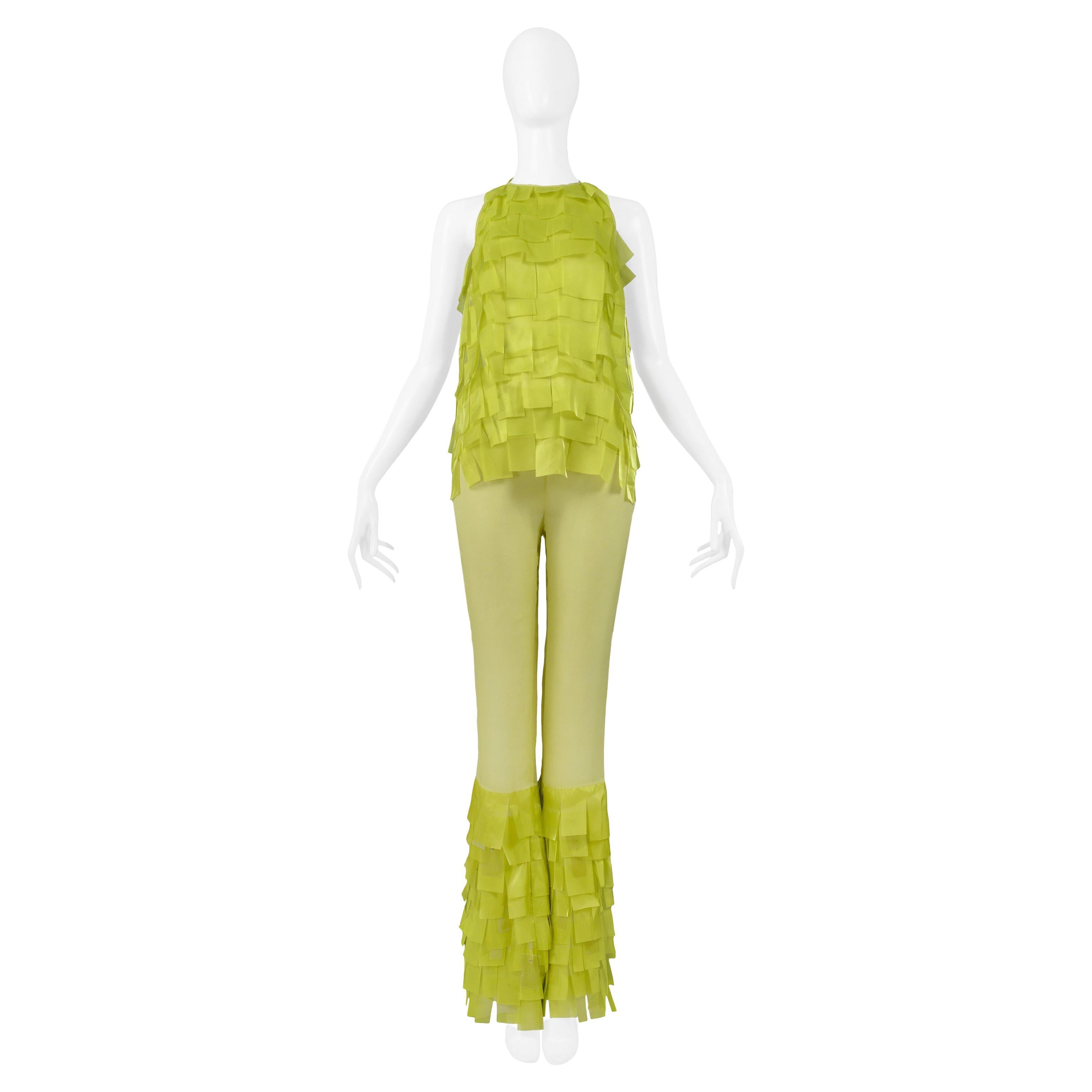 Paco Rabanne Chartreuse Green Textured Top & Bell Bottom Pants 2001