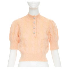 PACO RABANNE coral mohair blend crystal flower puff sleeved cropped pullover S