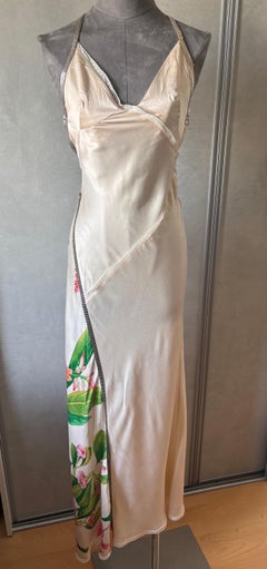 Paco Rabanne Cream Satin Floral Evening Dress with Metal Chain Details, Size 36
