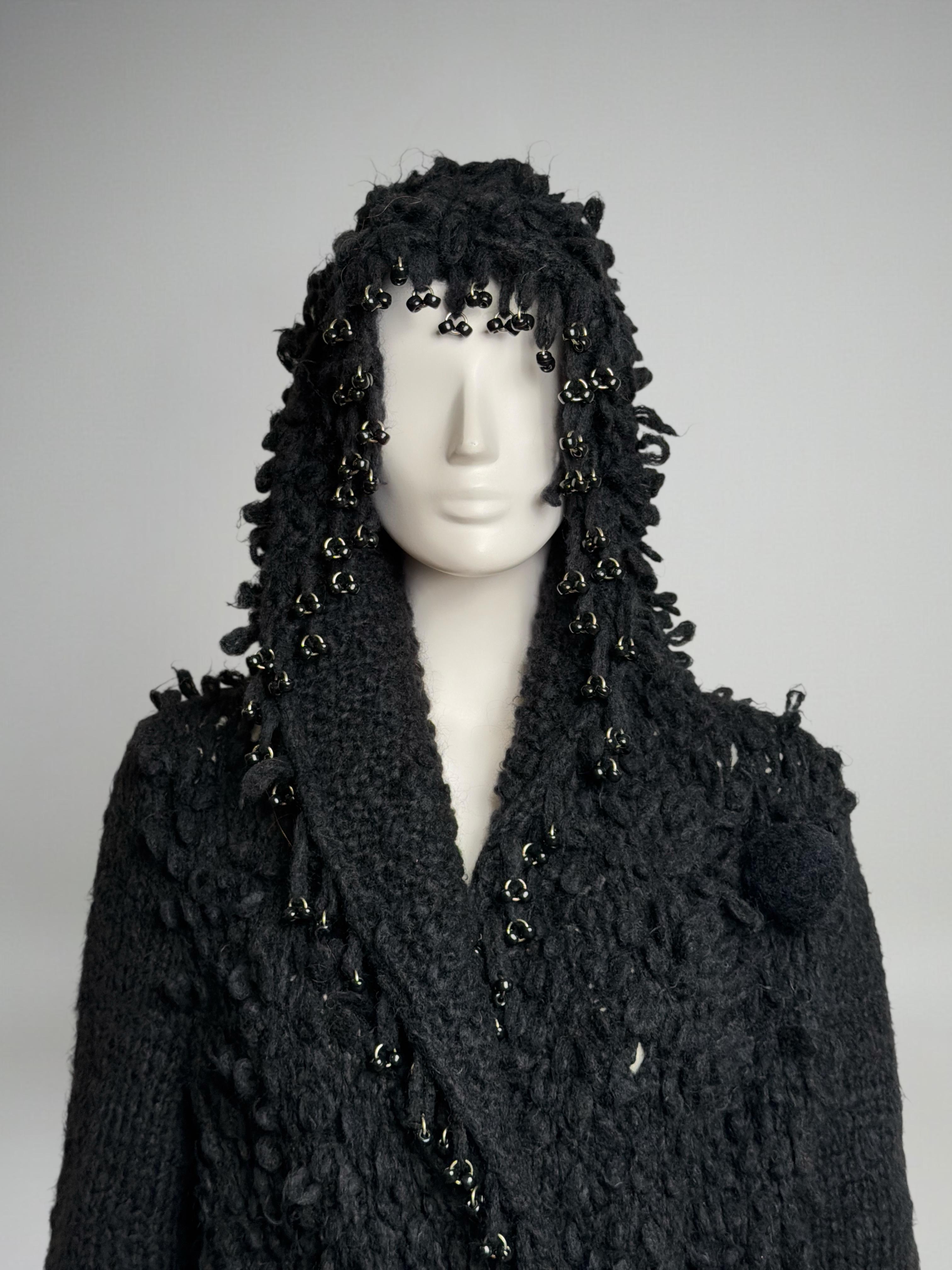 Noir Paco Rabanne F/W 2002 Piercing Wool Black Hooded Coat en vente