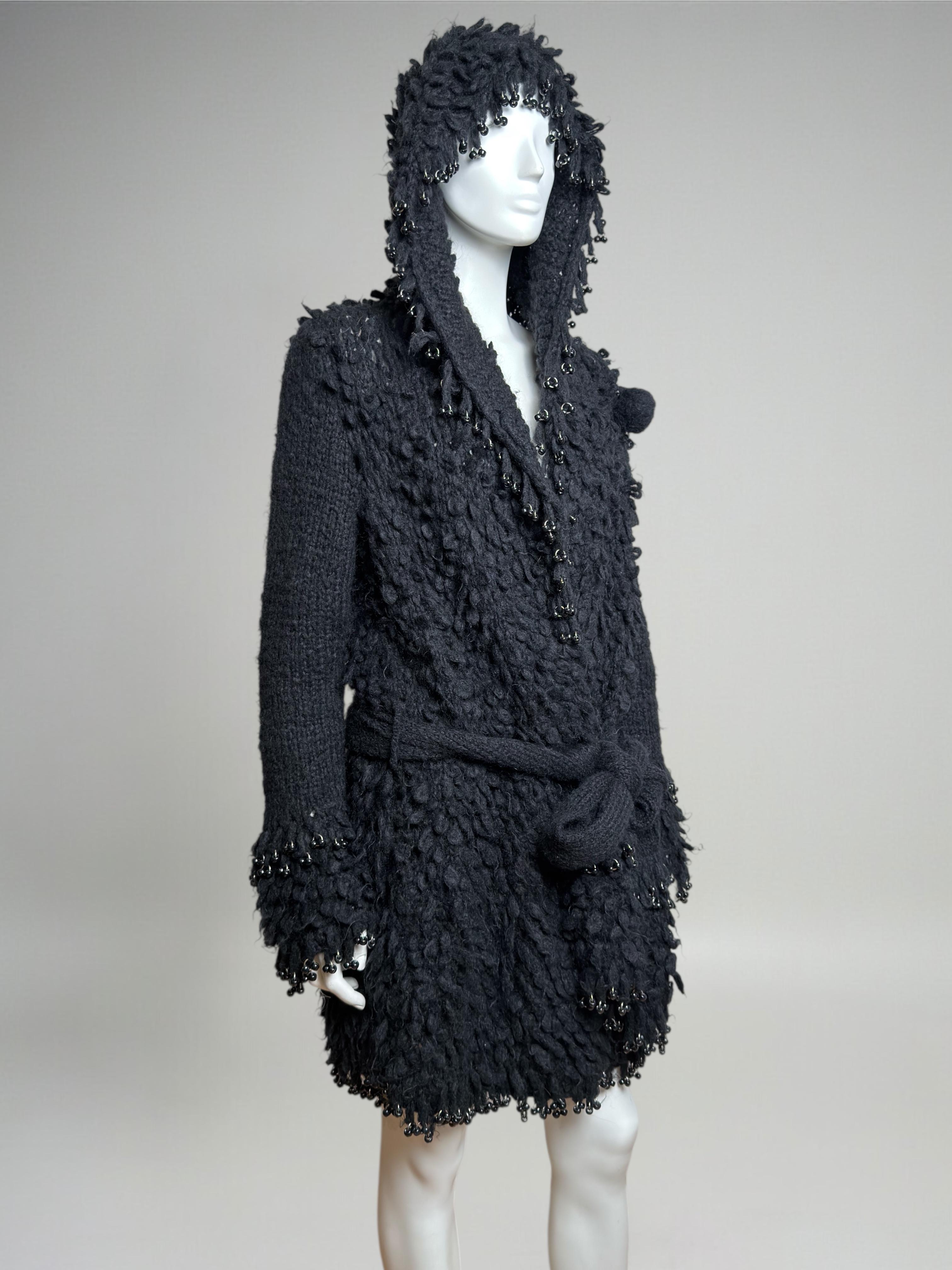 Paco Rabanne F/W 2002 Piercing Wool Black Hooded Coat Pour femmes en vente