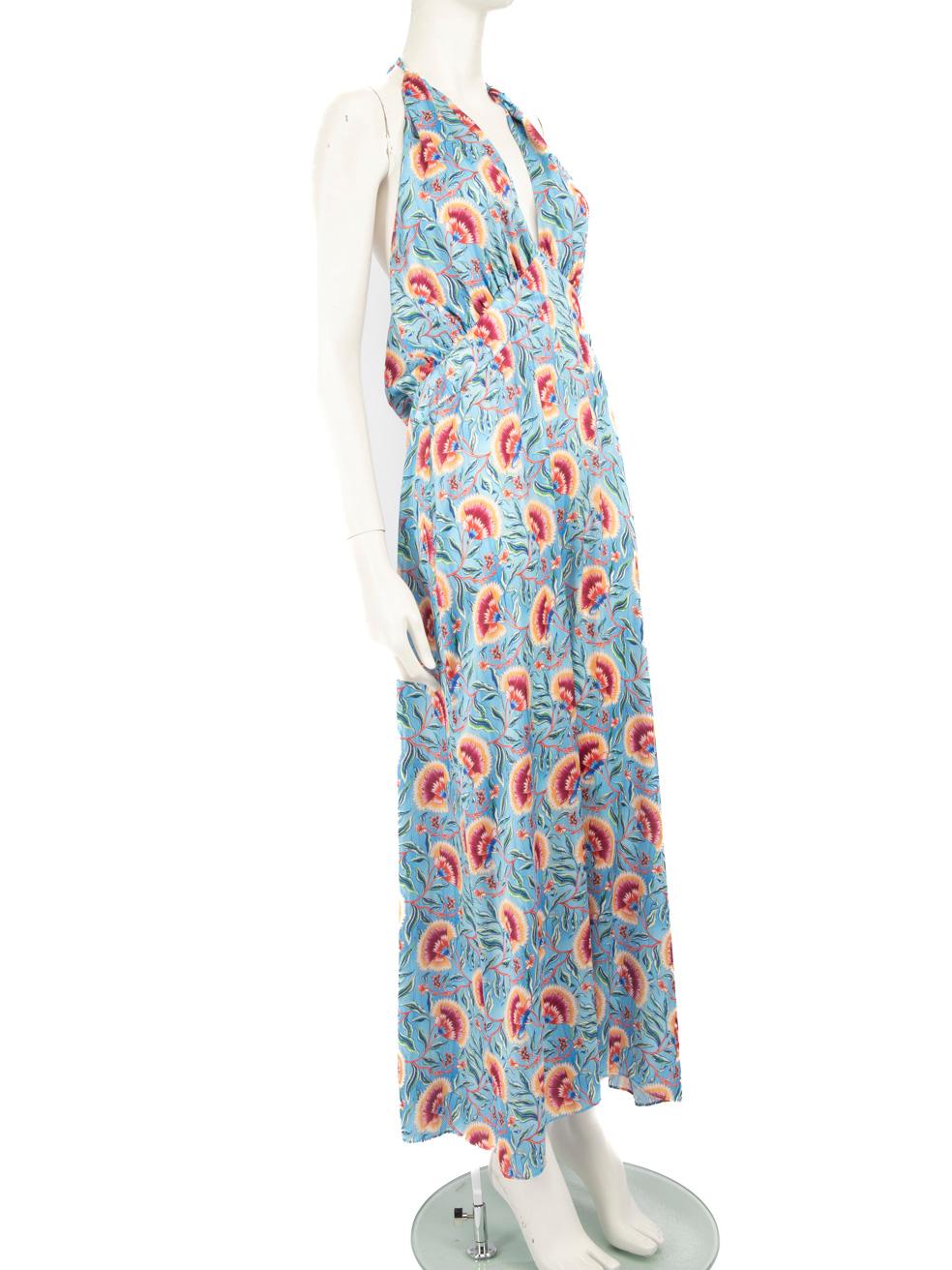 CONDITION is Very good. Hardly any visible wear to the dress is evident on this used Paco Rabanne designer resale item.
 
 Details
 Multicolour- blue tone
 Polyester
 Dress
 Floral pattern
 Maxi
 Halter neck tie strap
 Open back
 V-neck
 Back button