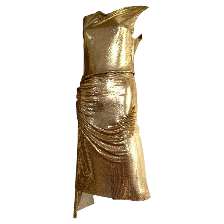 PACO RABANNE Gold Chainmail Metal Mesh Draped Midi Dress