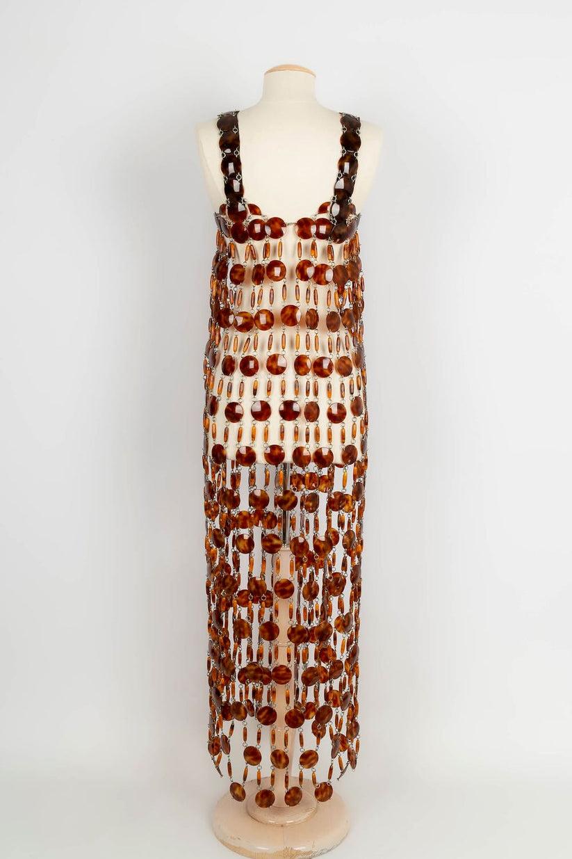 Brown Paco Rabanne Long Dress in Rhodoïd Pastilles and Patterns
