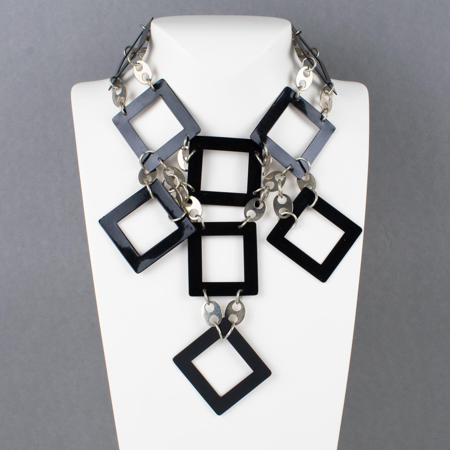 Modernist Paco Rabanne Paris Futuristic Chrome and Enamel Necklace For Sale