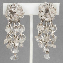 Paco Rabanne Paris Futuristic Metal Chainmail and Quartz Dangle Clip Earrings