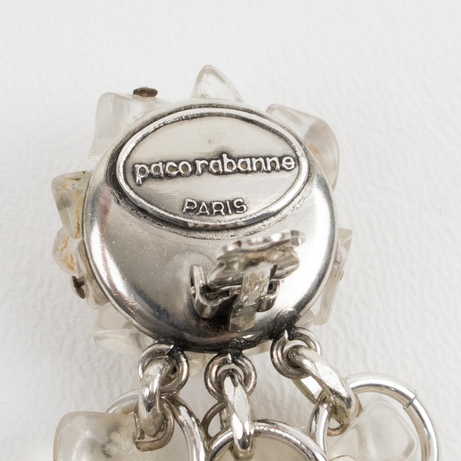 Modernist Paco Rabanne Paris Futuristic Metal Chainmail and Quartz Dangle Clip Earrings