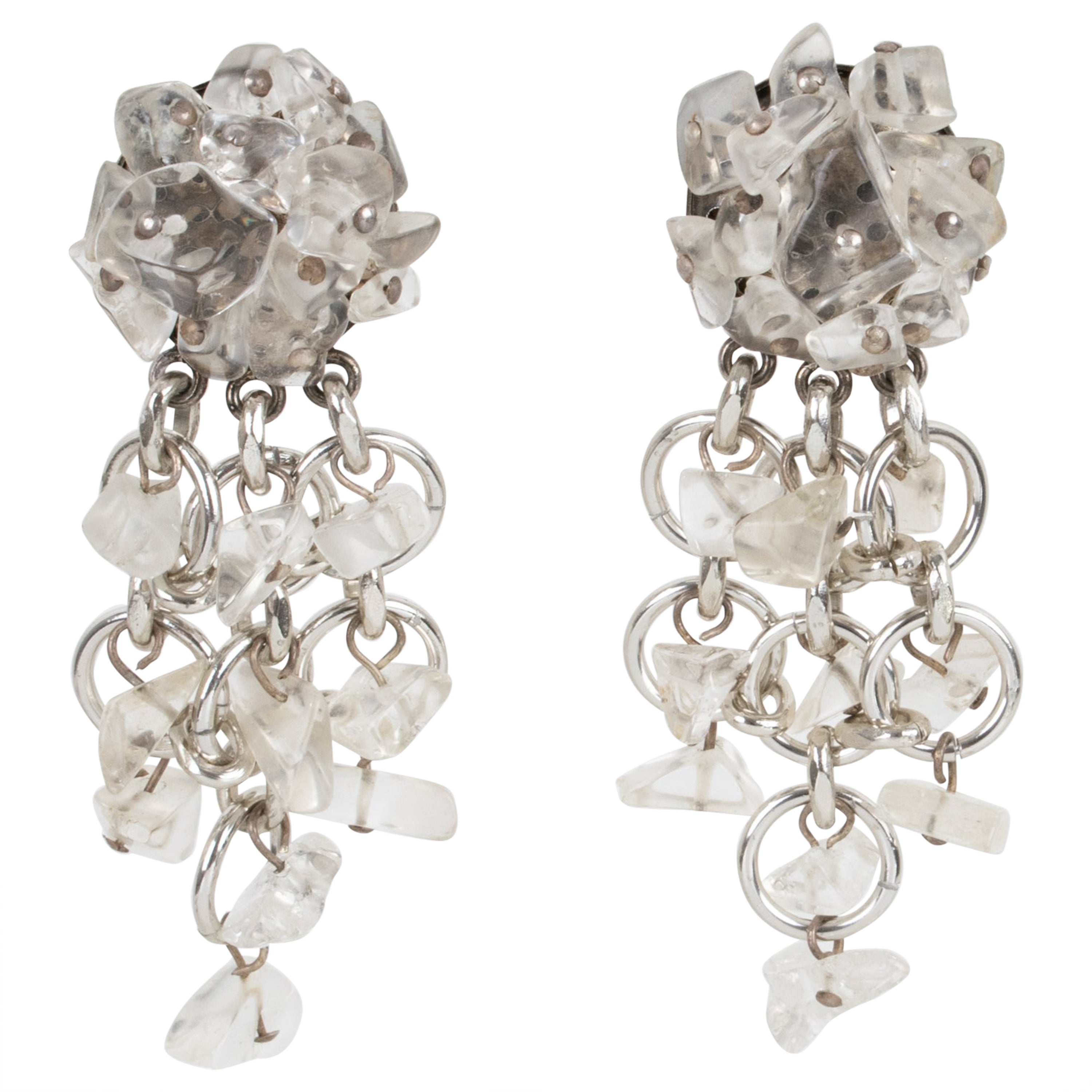 Paco Rabanne Paris Futuristic Metal Chainmail and Quartz Dangle Clip Earrings