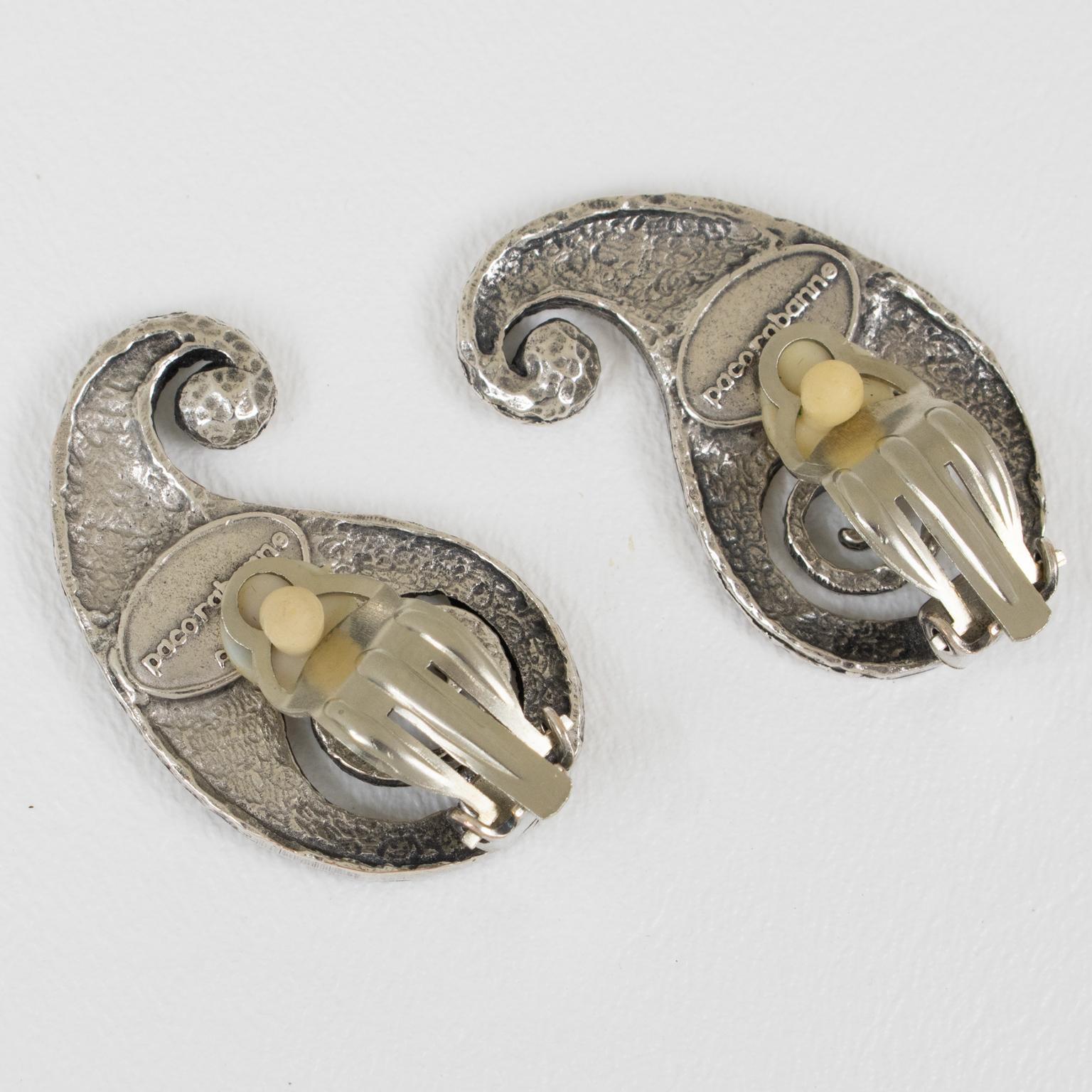 Women's or Men's Paco Rabanne Paris Silvered Modernist Clip Earrings For Sale