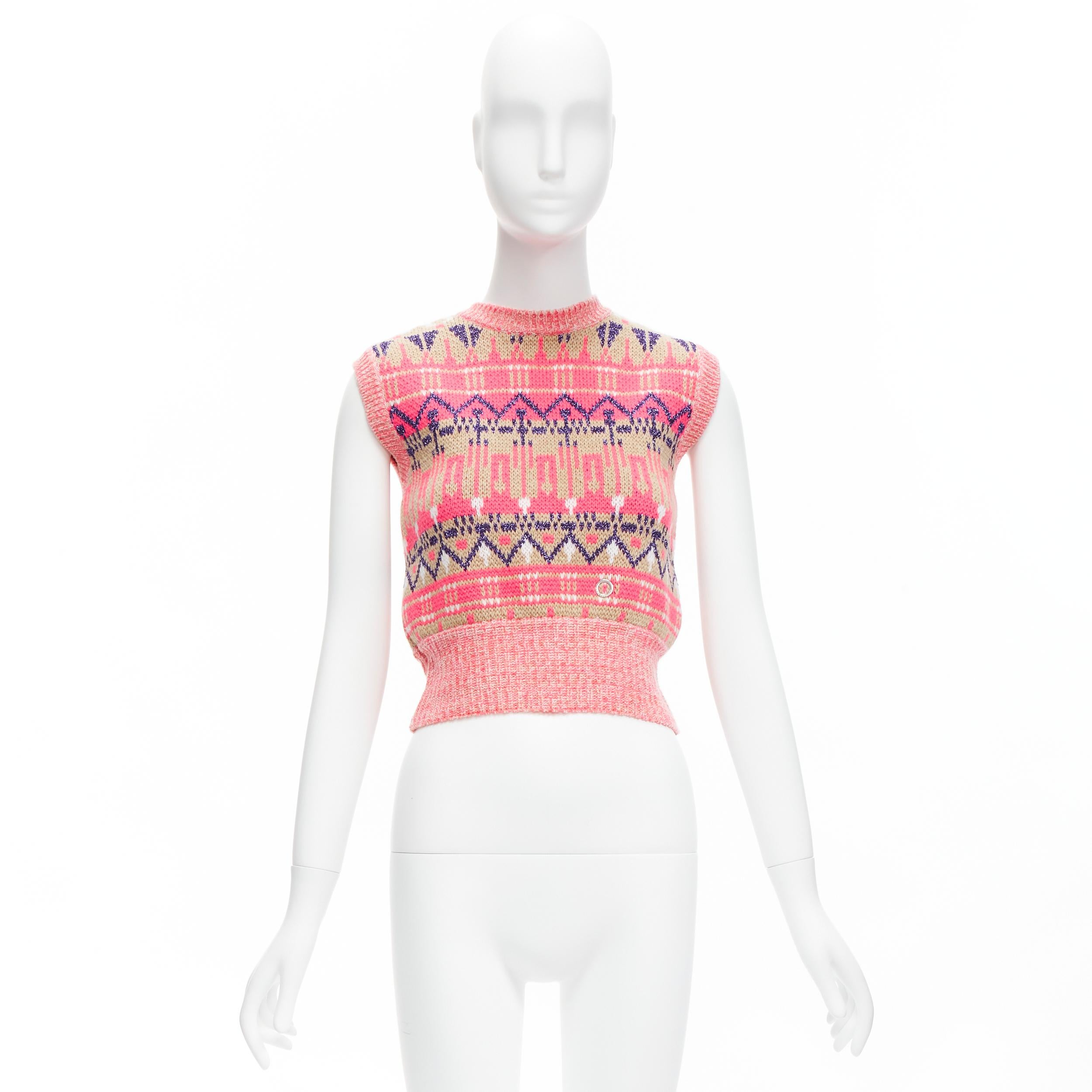 PACO RABANNE pink purple lurex virgin wool graphic knit vest XS For Sale 6