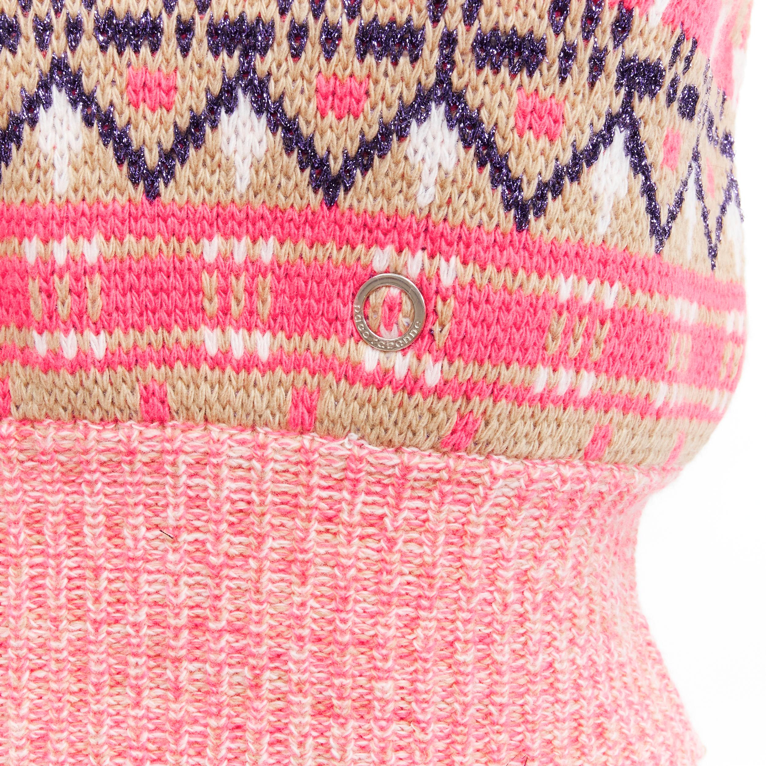 PACO RABANNE pink purple lurex virgin wool graphic knit vest XS
Reference: AAWC/A00457
Brand: Paco Rabanne
Material: Virgin Wool, Blend
Color: Pink, Purple
Pattern: Graphic
Closure: Pullover
Extra Details: Paco Rabanne logo ring detail at center