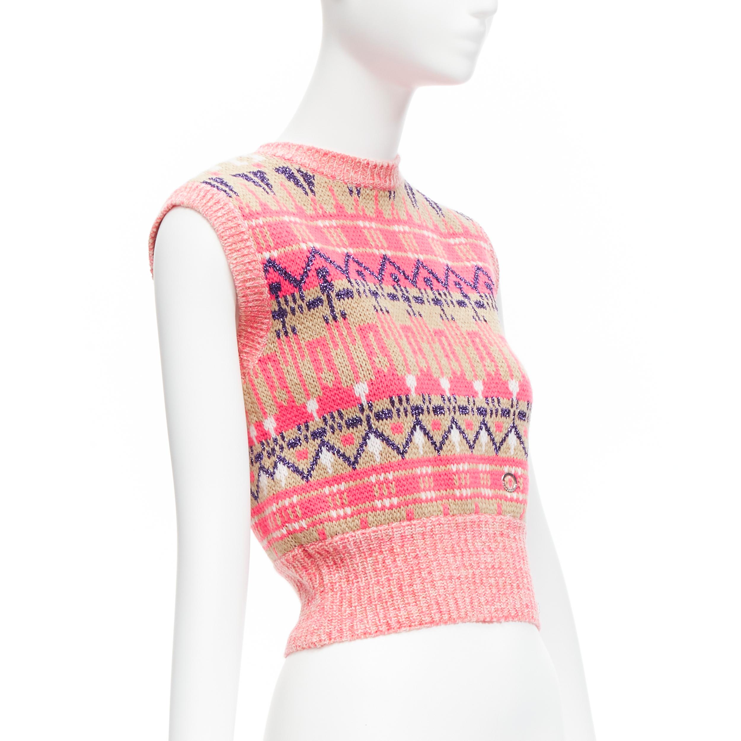 PACO RABANNE pink purple lurex virgin wool graphic knit vest XS In Excellent Condition For Sale In Hong Kong, NT