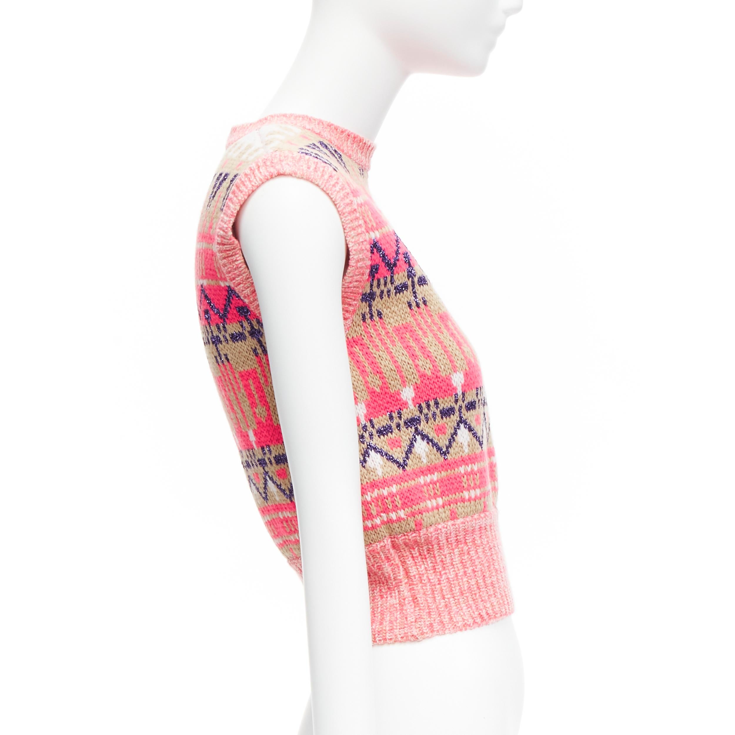 PACO RABANNE pink purple lurex virgin wool graphic knit vest XS In Excellent Condition For Sale In Hong Kong, NT