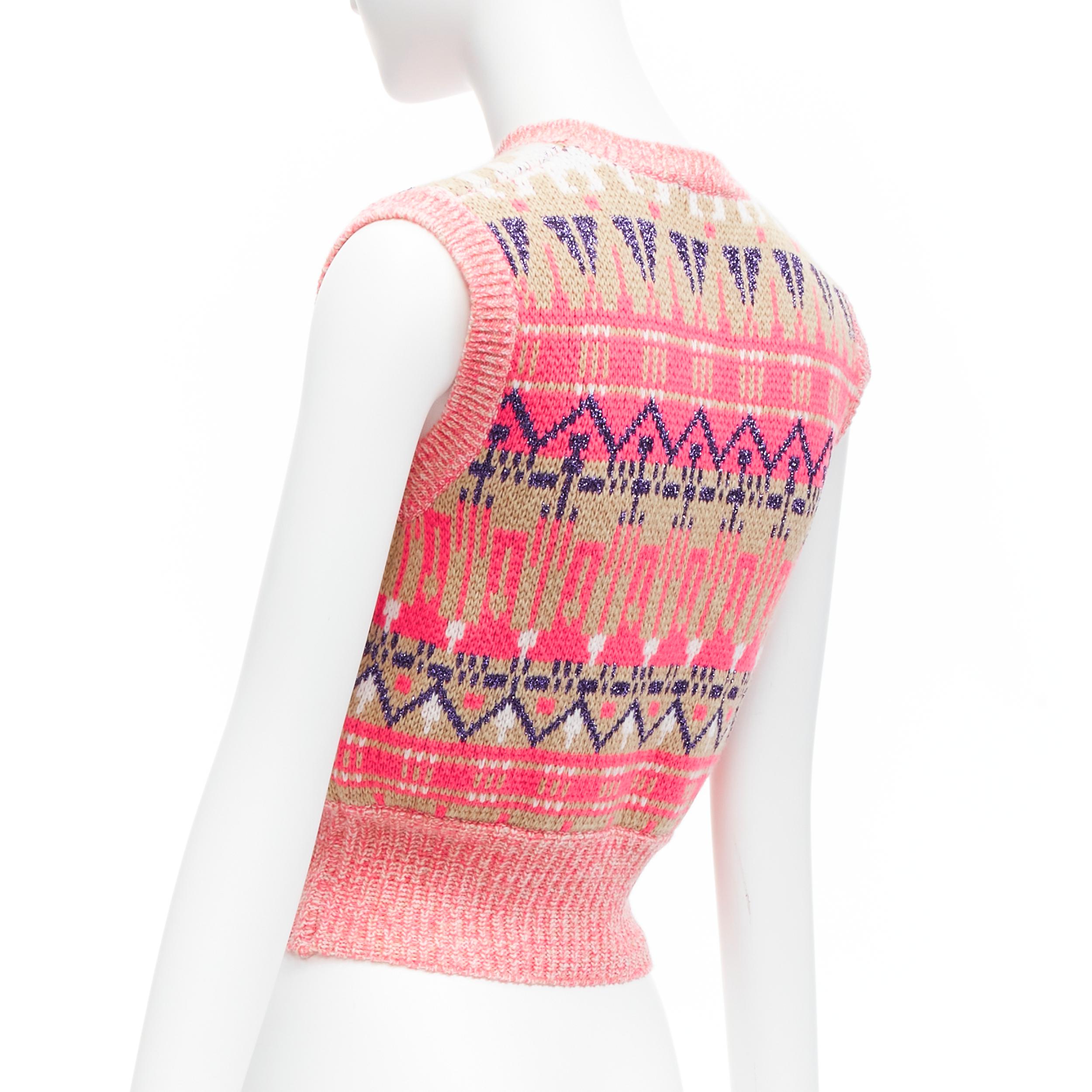 PACO RABANNE pink purple lurex virgin wool graphic knit vest XS For Sale 2