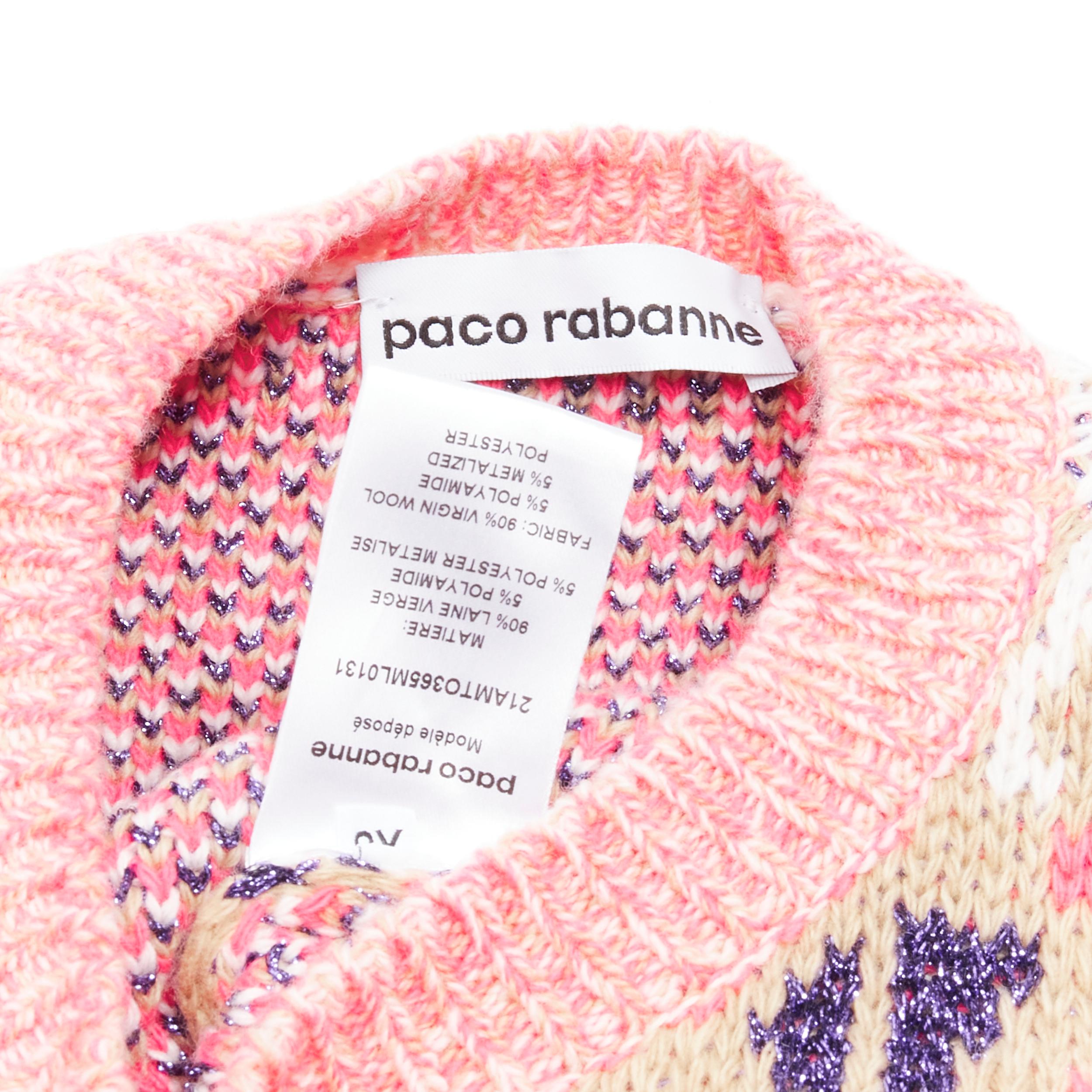 PACO RABANNE gilet en laine vierge lurex rose et violet en maille graphique XS en vente 5