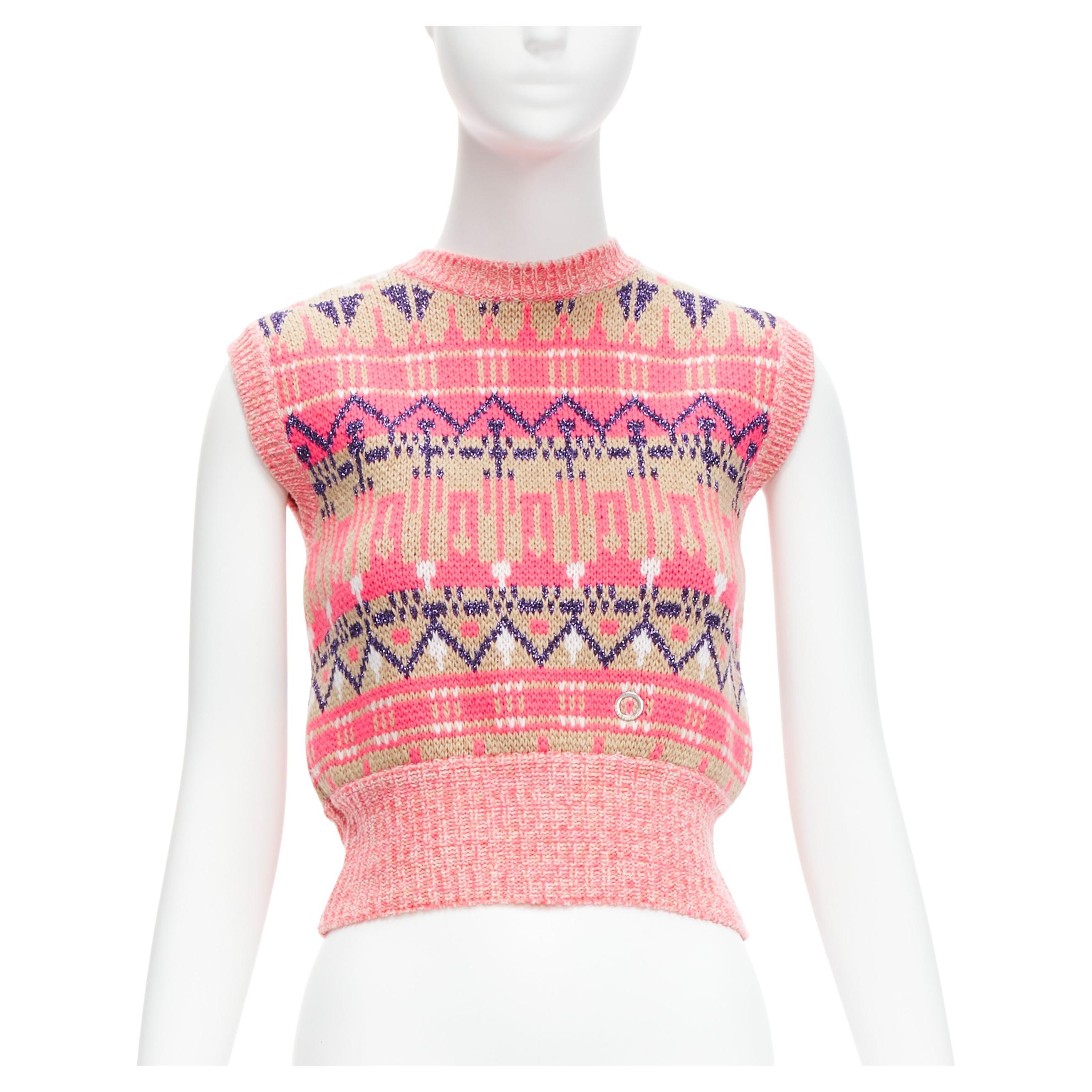 PACO RABANNE pink purple lurex virgin wool graphic knit vest XS For Sale