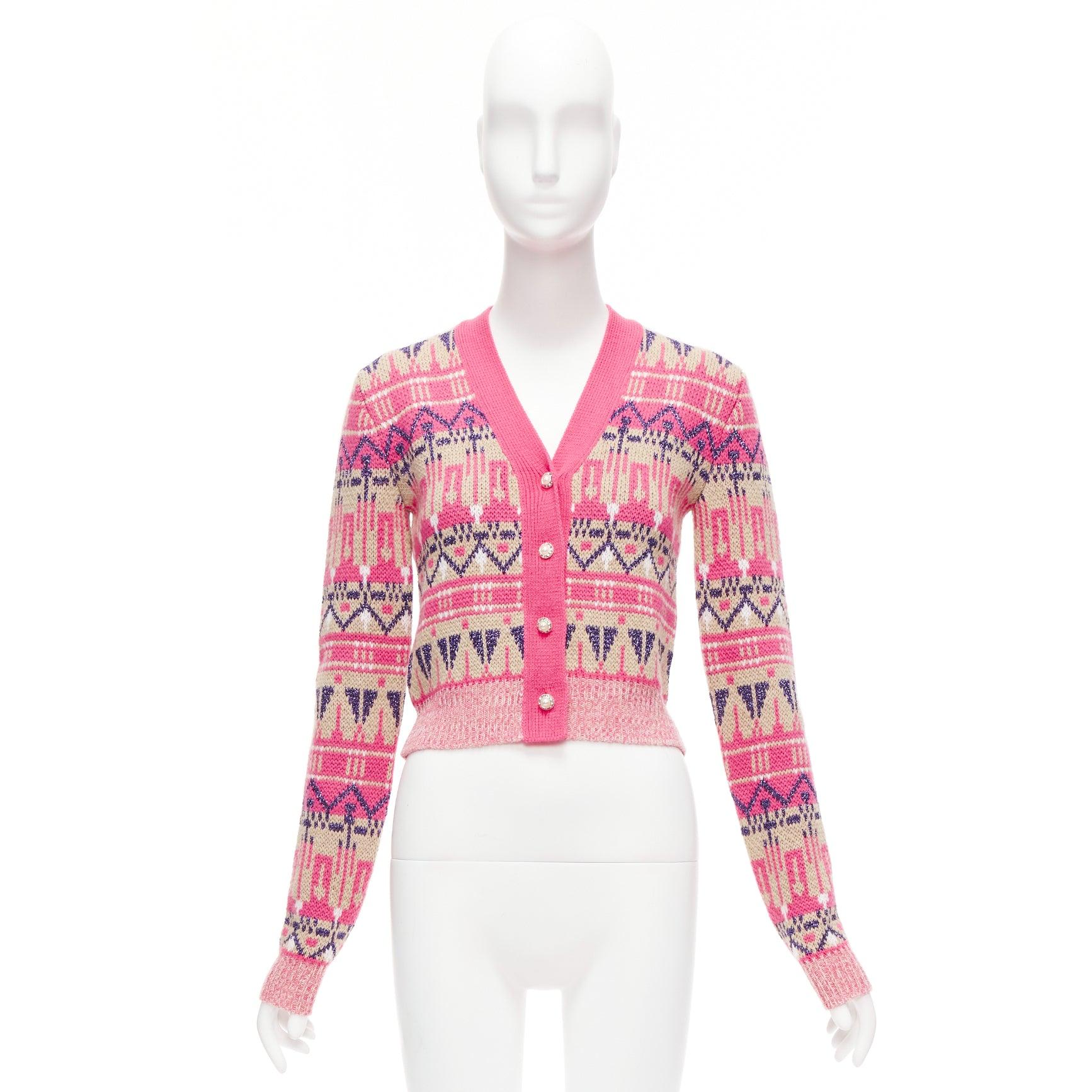 PACO RABANNE pink wool blend metallic fairisle pearl button cropped cardigan XS For Sale 6
