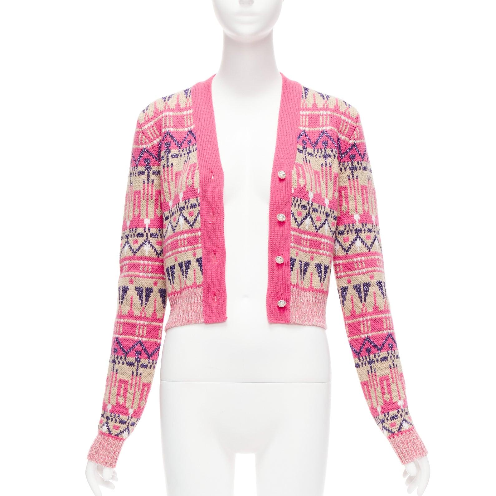 PACO RABANNE pink wool blend metallic fairisle pearl button cropped cardigan XS In Excellent Condition For Sale In Hong Kong, NT