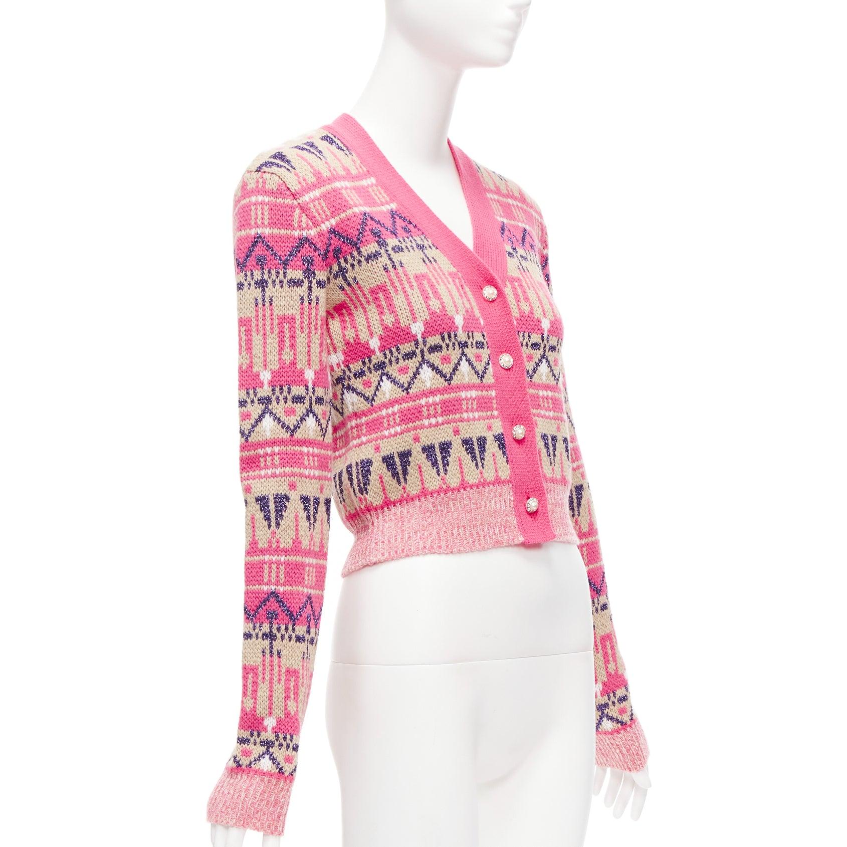 Women's PACO RABANNE pink wool blend metallic fairisle pearl button cropped cardigan XS For Sale