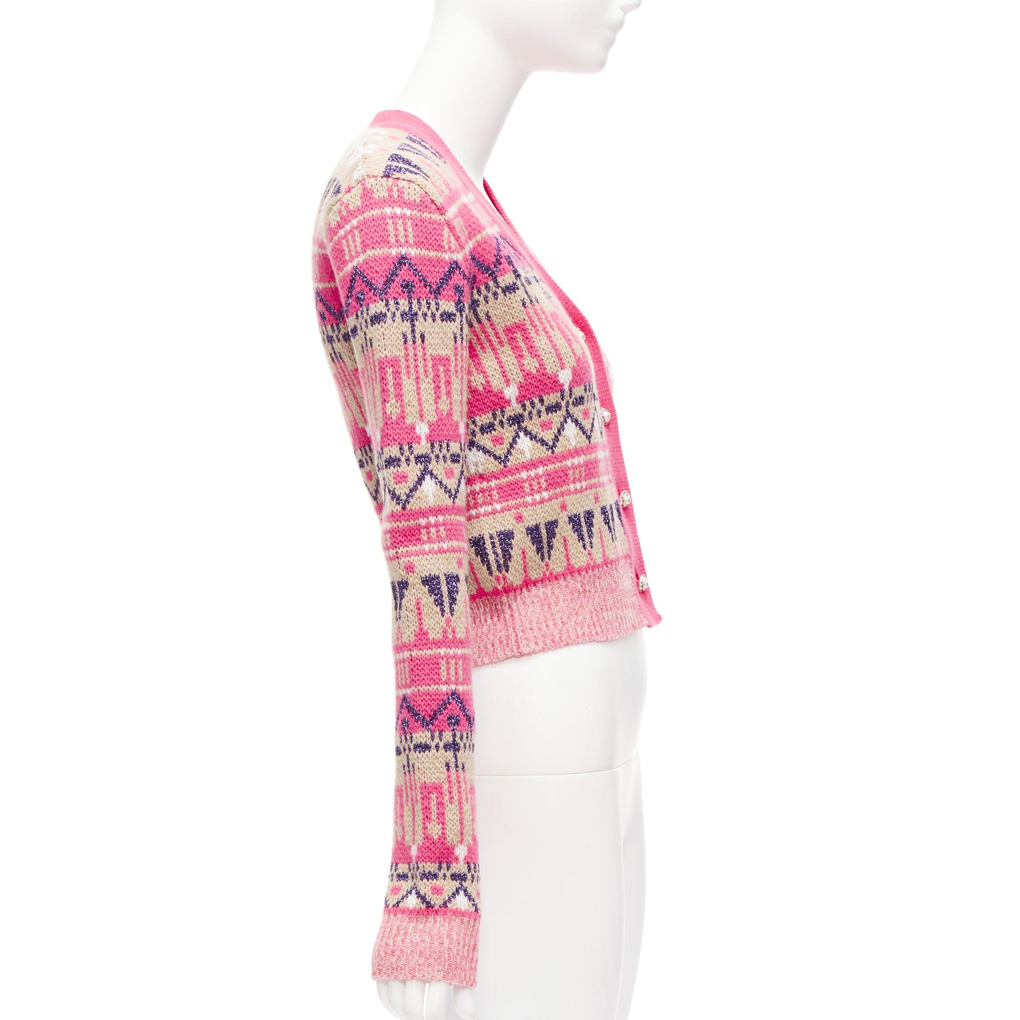 PACO RABANNE pink wool blend metallic fairisle pearl button cropped cardigan XS For Sale 1